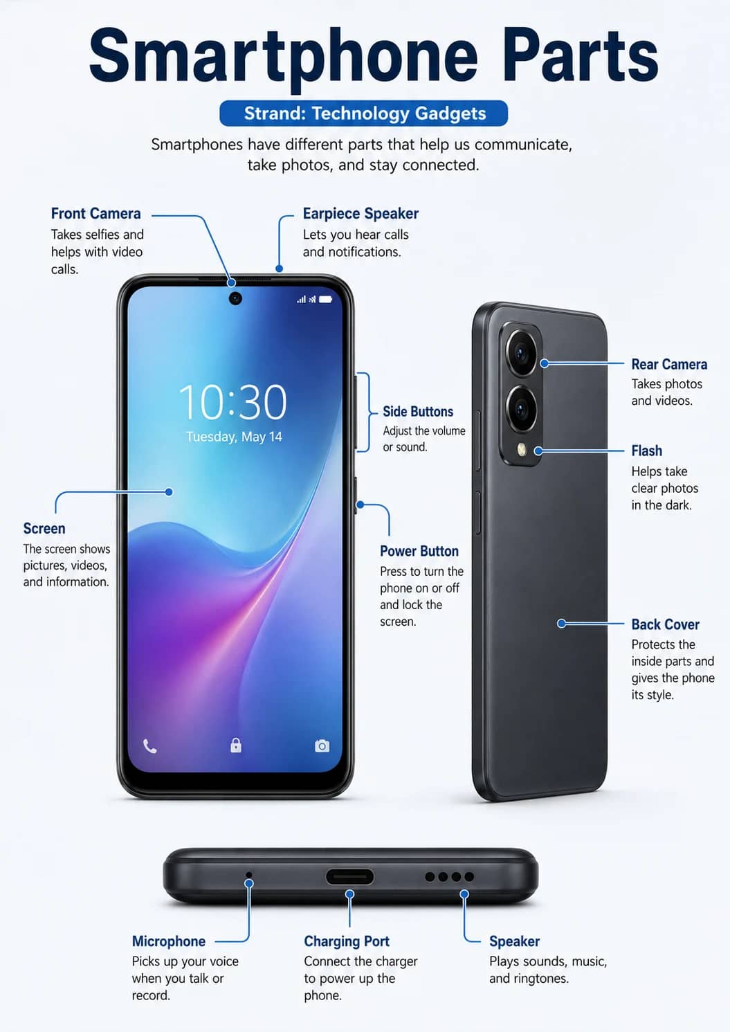 Smartphone Parts infographic poster showing Strand: Technology Gadgets for Technology Gadgets.
