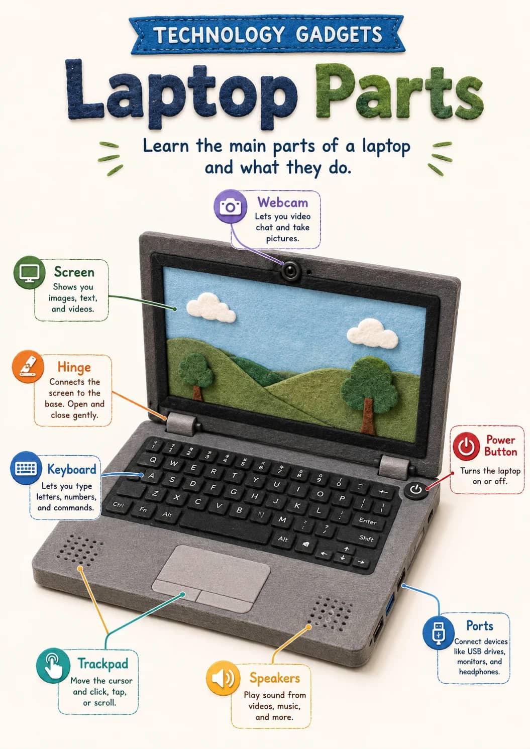Technology Gadgets infographic poster showing Laptop Parts and Learn the main parts of a laptop and what they do. for Technology Gadgets.