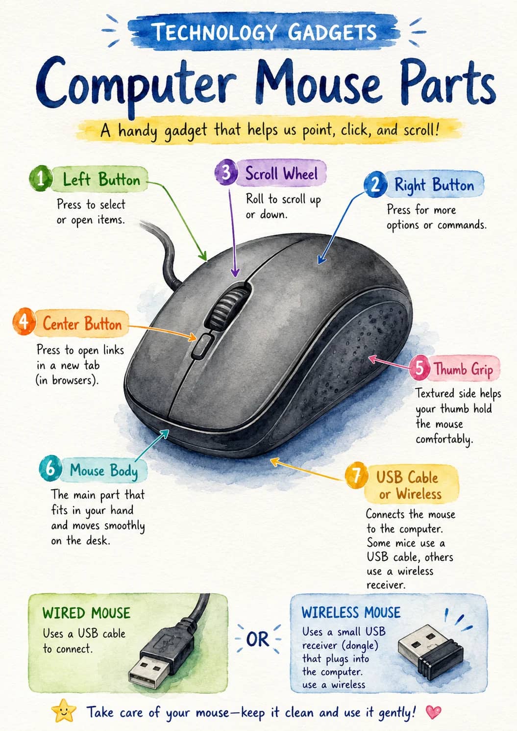 Technology Gadgets infographic poster showing Computer Mouse Parts, A handy gadget that helps us point, click, and scroll!, WIRED MOUSE,...