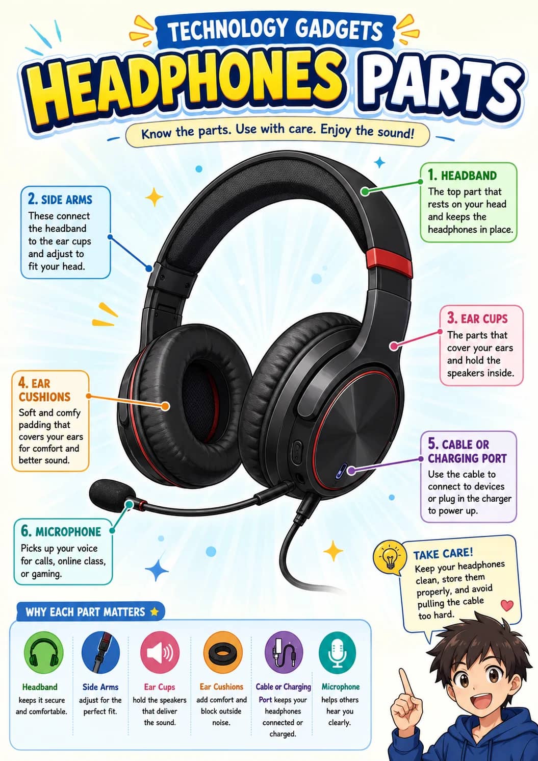 Technology Gadgets infographic poster showing HEADPHONES PARTS, Know the parts. Use with care. Enjoy the sound!, 2. SIDE ARMS, These...