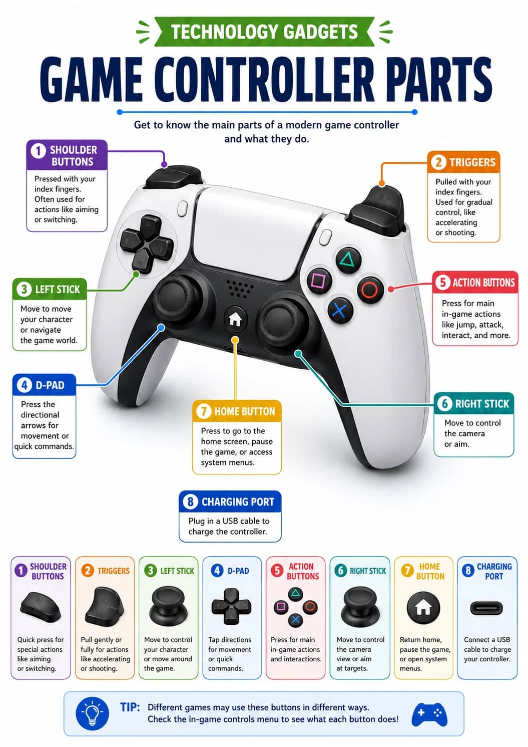 Technology Gadgets infographic poster showing GAME CONTROLLER PARTS, Get to know the main parts of a modern game controller and what they...