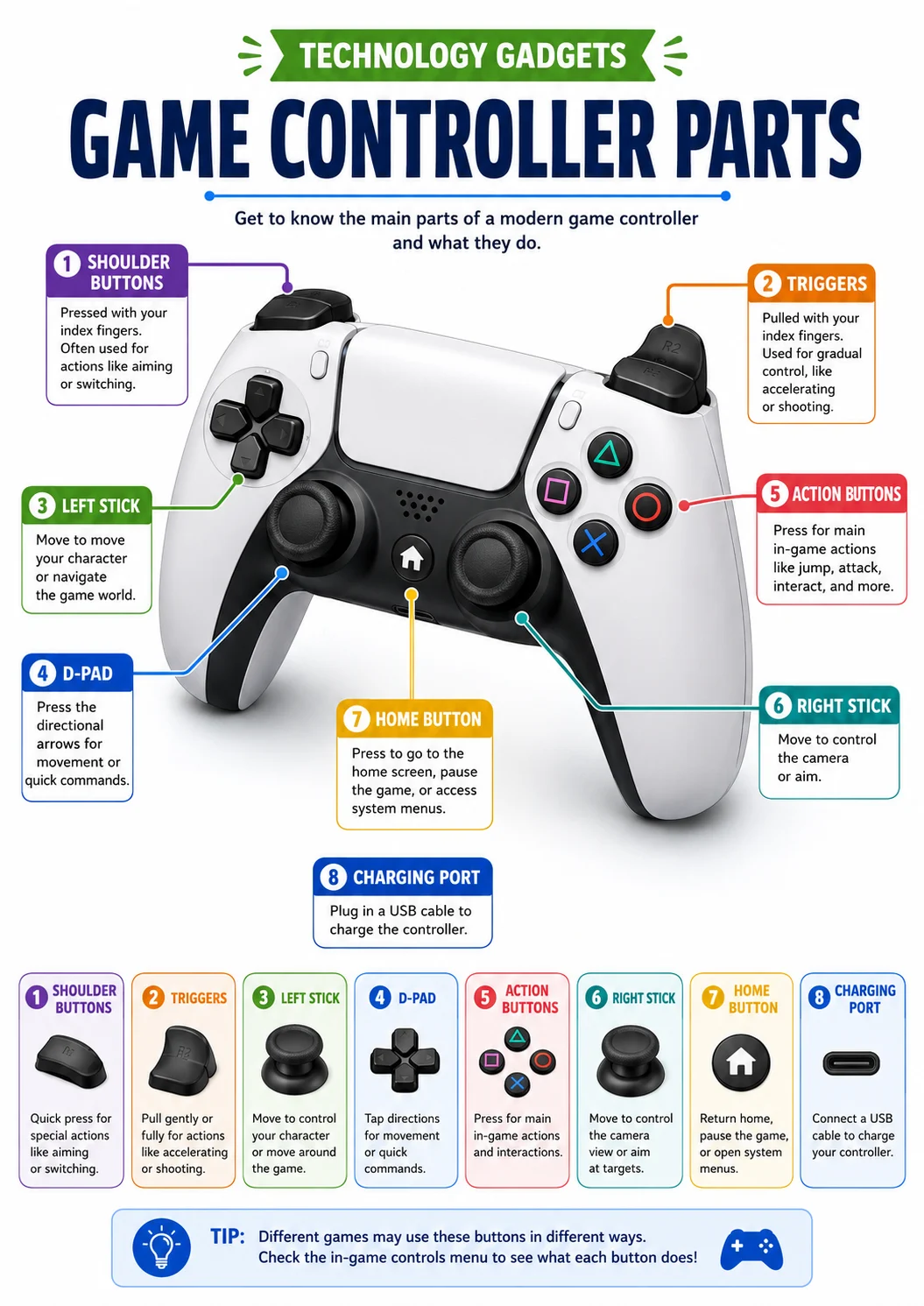 Technology Gadgets infographic poster showing GAME CONTROLLER PARTS, Get to know the main parts of a modern game controller and what they...
