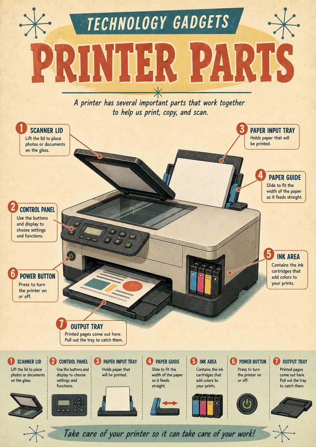 Technology Gadgets infographic poster showing PRINTER PARTS, 1 SCANNER LID, Lift the lid to place photos or documents on the glass., 2...