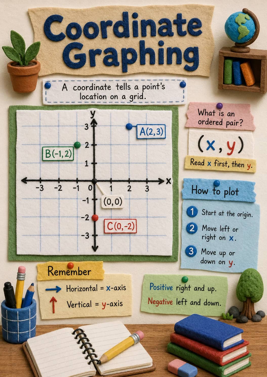 Coordinate infographic poster showing Graphing, A coordinate tells a point's location on a grid., What is an ordered pair?, Read x first,...