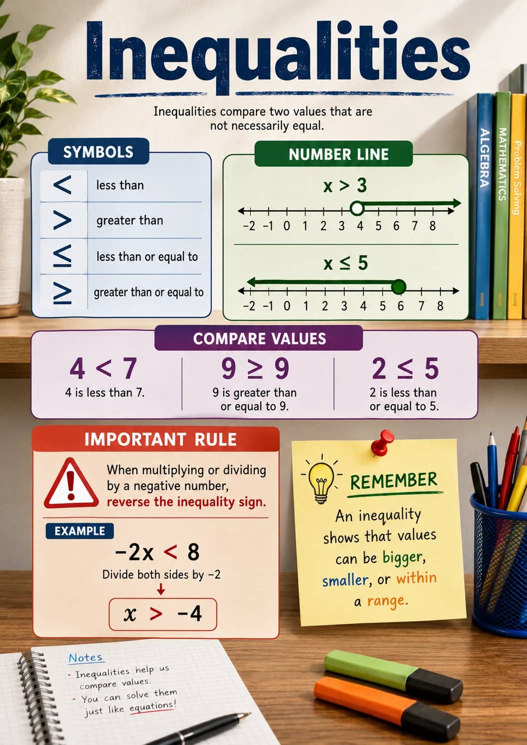 Inequalities infographic poster showing Inequalities compare two values that are not necessarily equal., SYMBOLS, < less than, --- --- and...