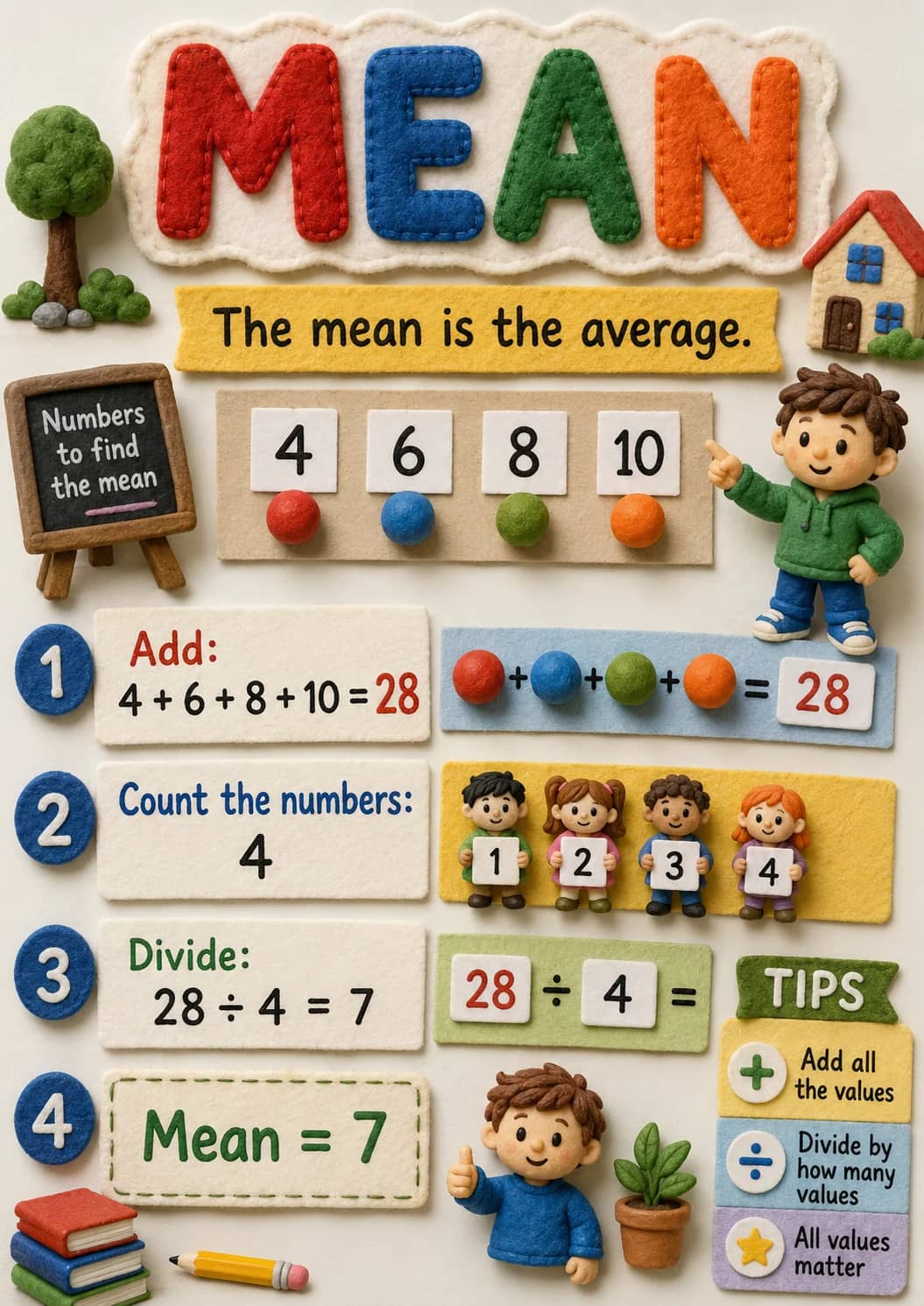 Mean infographic poster showing The mean is the average., Add:, $$4 + 6 + 8 + 10 = 28$$, $$+ + + = 28$$ and Count the numbers: for Data...