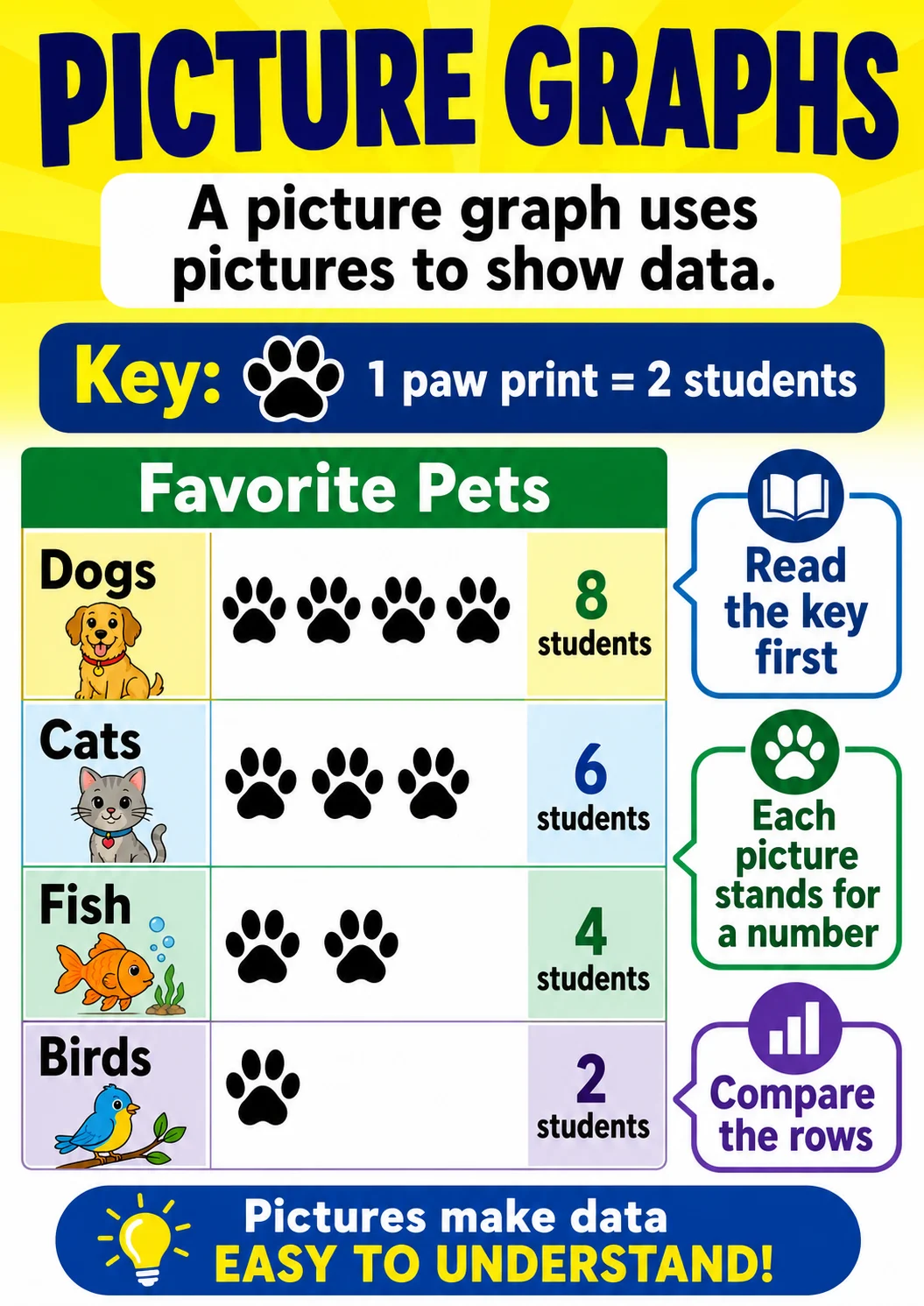 Picture graphs infographic poster showing A picture graph uses pictures to show data., Key: 1 paw print = 2 students, Favorite Pets, Dogs...