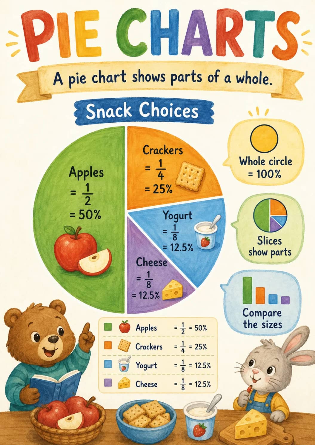 Pie charts infographic poster showing A pie chart shows parts of a whole., Snack Choices, Apples, = 1/2 and = 50% for Data and Statistics.