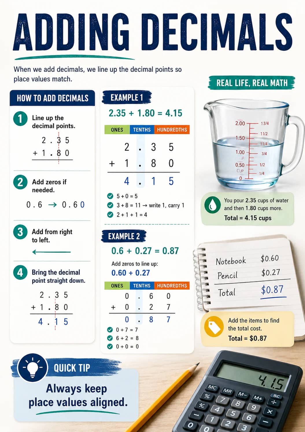 Adding Decimals infographic poster showing When we add decimals, we line up the decimal points so place values match., HOW TO ADD...