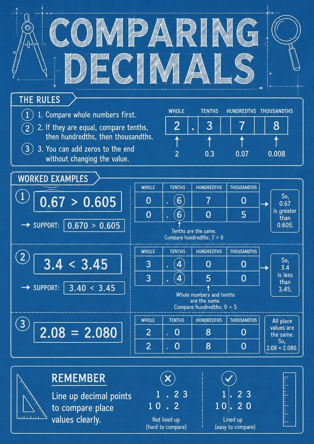 Comparing infographic poster with clear labels for Decimals and Percent.