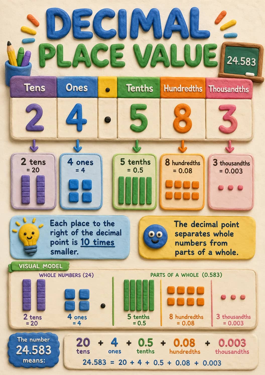 Decimal Place Value 24.583 infographic poster showing Tens Ones . Tenths Hundredths Thousandths, --- --- --- --- --- ---, 2 4 . 5 8 3,...
