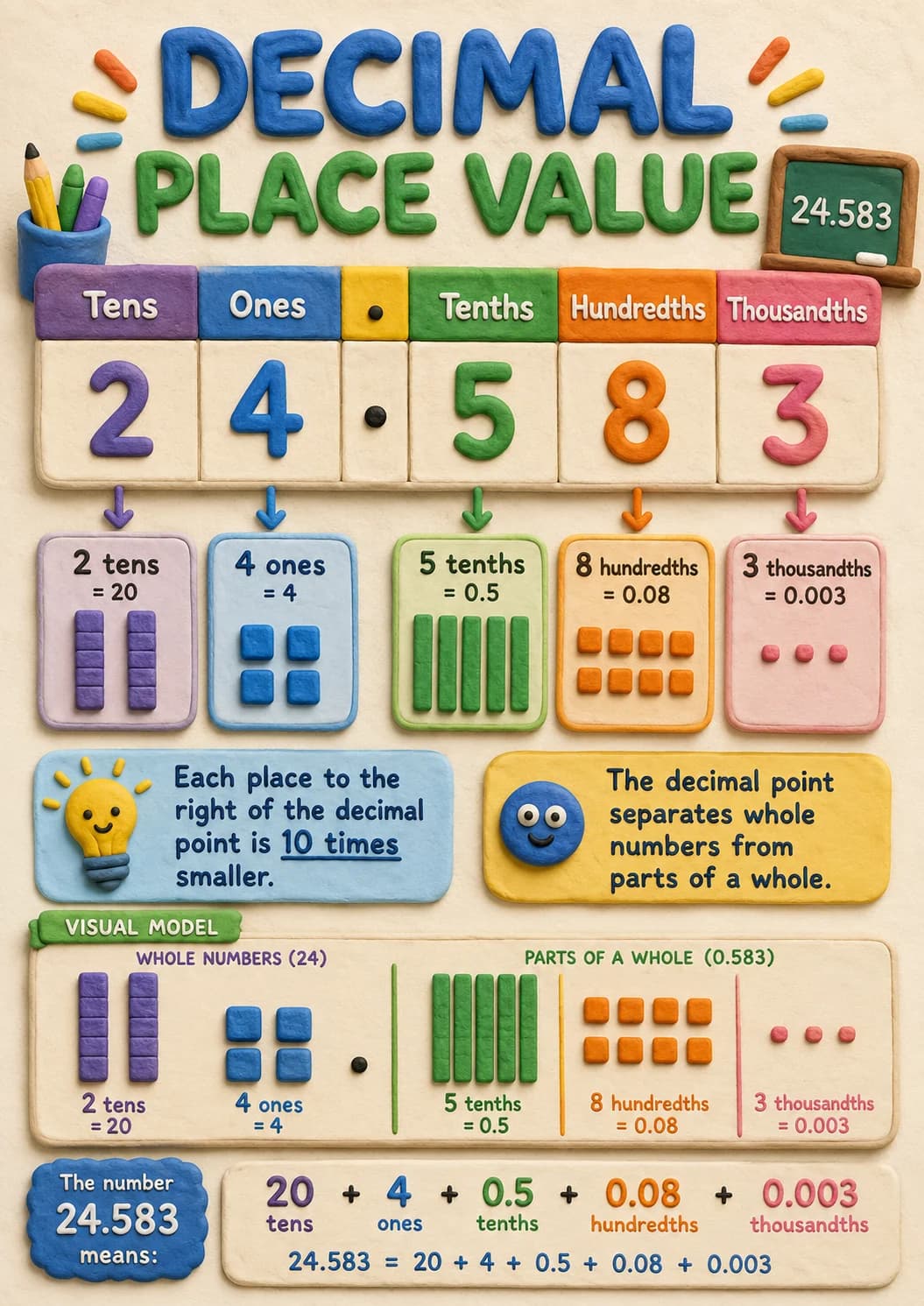 Decimal Place Value 24.583 infographic poster with clear labels for Decimals and Percent.
