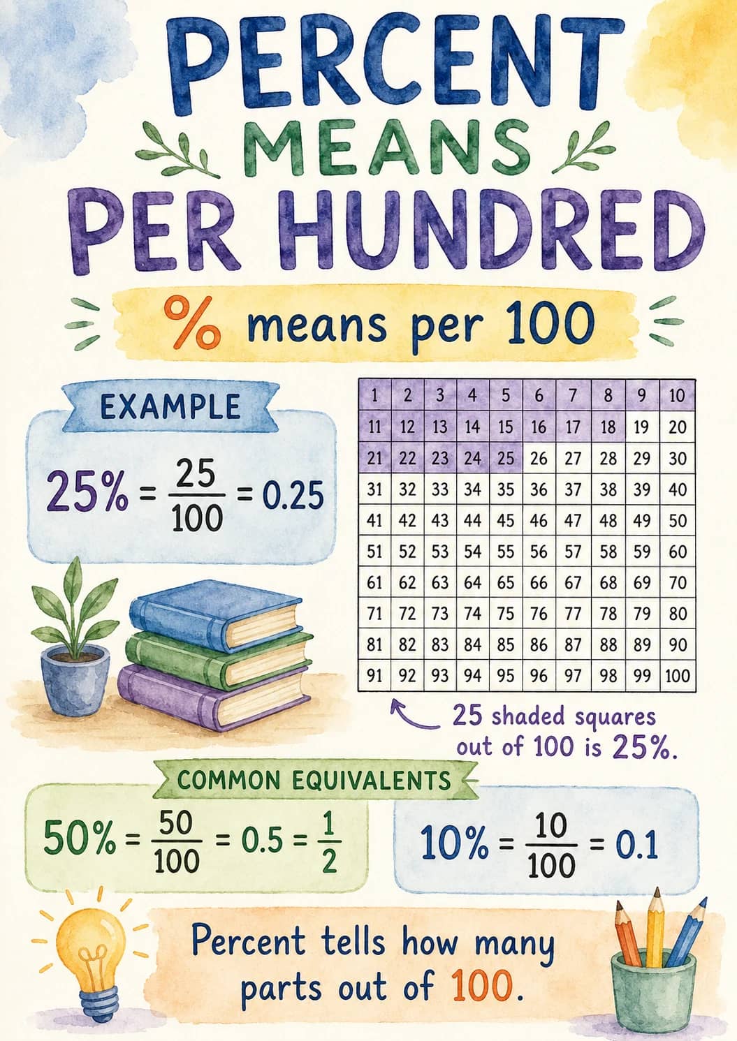 Percent infographic poster showing MEANS, PER HUNDRED, % means per 100, $$25\% = \frac{25}{100} = 0.25$$ and 1 2 3 4 5 6 7 8 9 10 for...