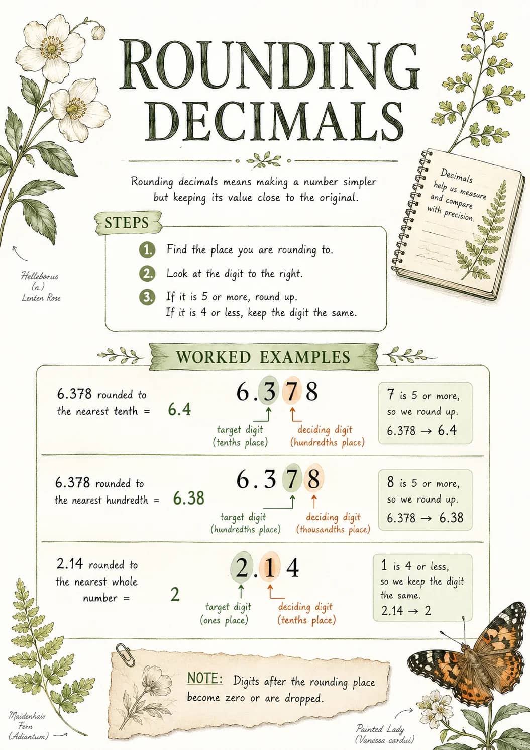 Rounding Decimals infographic poster showing 1. Find the place you are rounding to., 2. Look at the digit to the right., 3. If it is 5 or...