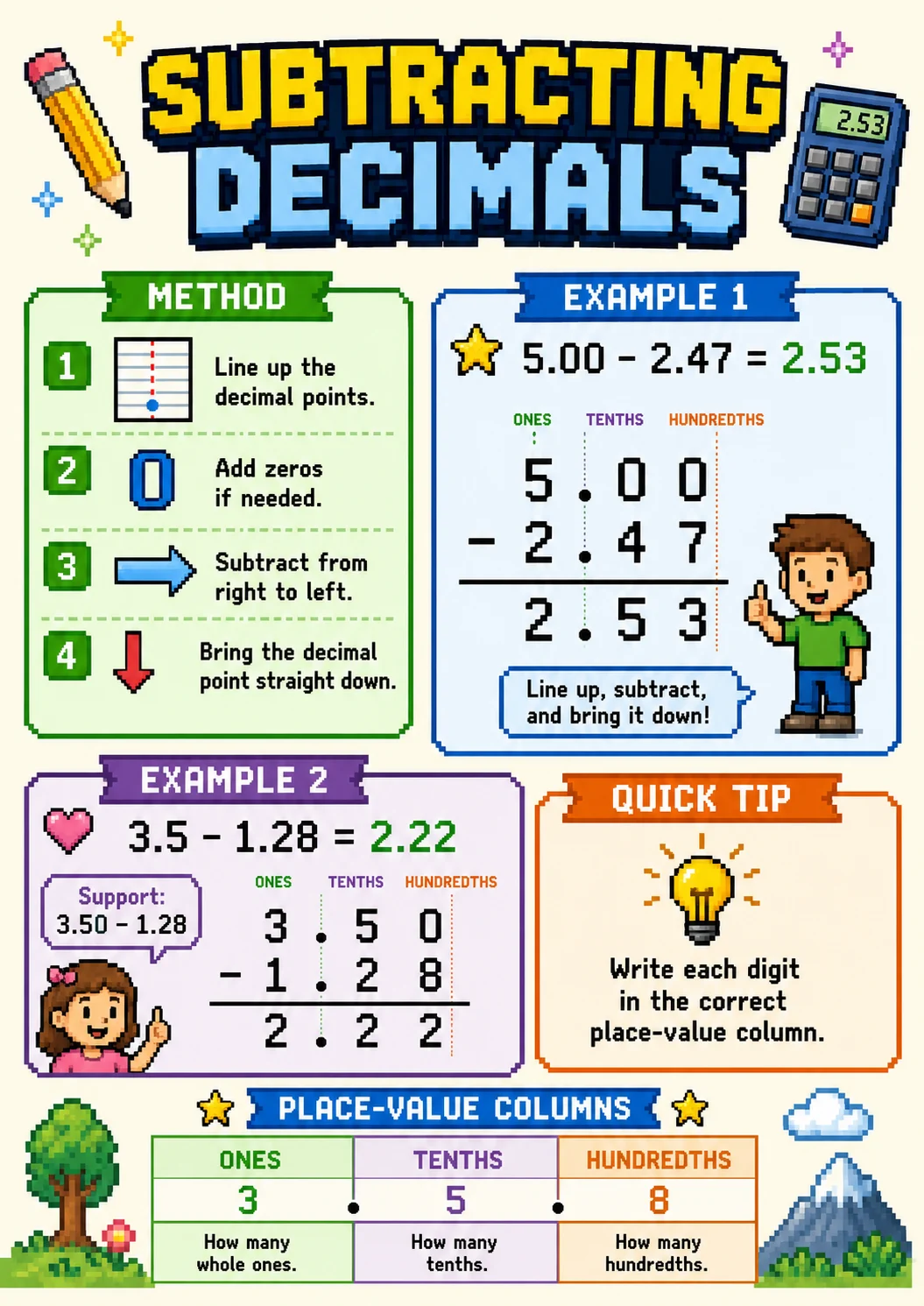 Subtracting Decimals infographic poster showing METHOD, Line up the decimal points., Add zeros if needed., Subtract from right to left....