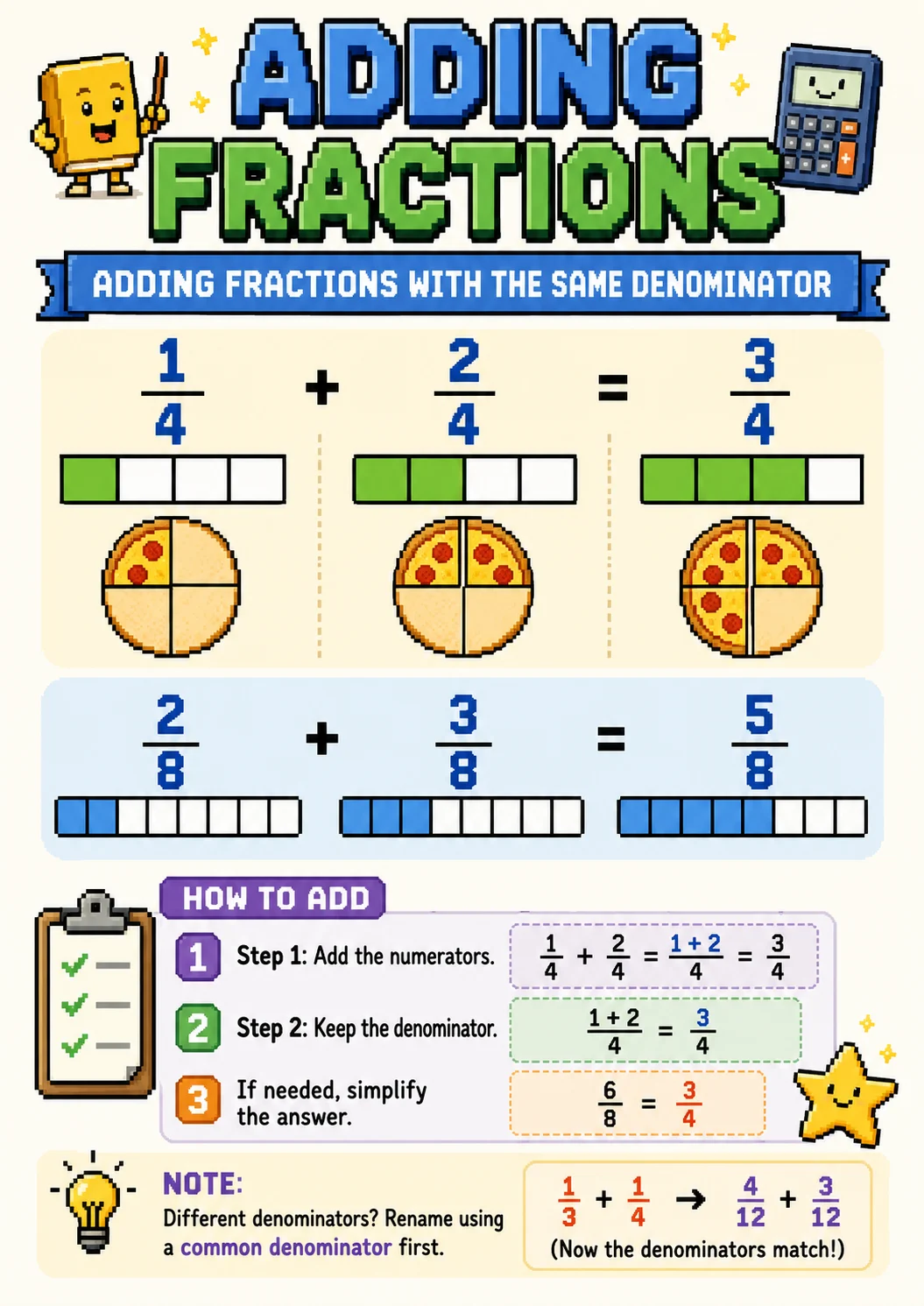 Adding Fractions infographic poster showing ADDING FRACTIONS WITH THE SAME DENOMINATOR, $$\frac{1}{4}$$, $$\frac{2}{4}$$, $$\frac{3}{4}$$...