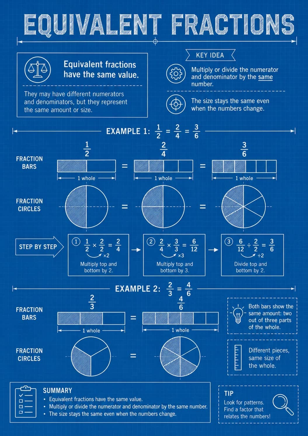 Equivalent fractions infographic poster showing Equivalent fractions have the same value., Multiply or divide the numerator and...