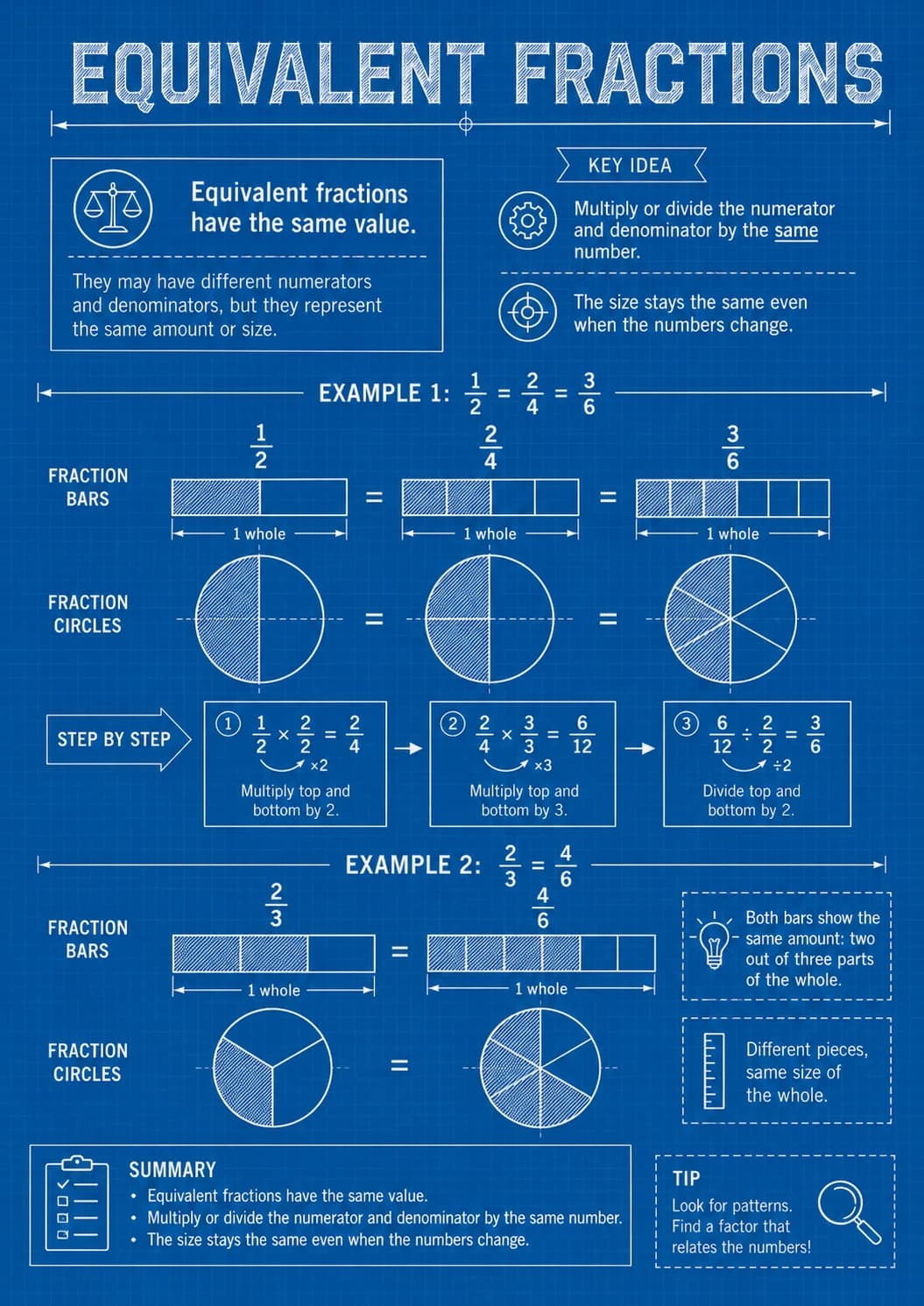 Equivalent fractions infographic poster with clear labels for Fractions.