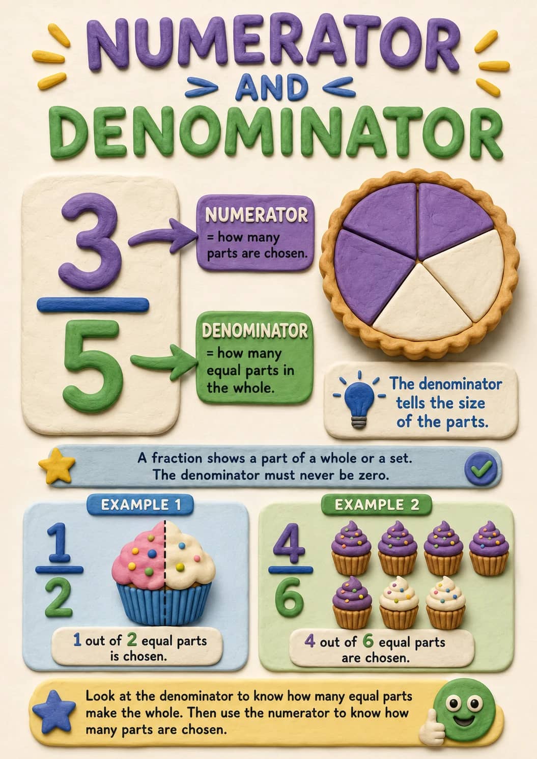 Numerator infographic poster showing AND <, DENOMINATOR, = how many parts are chosen., = how many equal parts in the whole. and The...