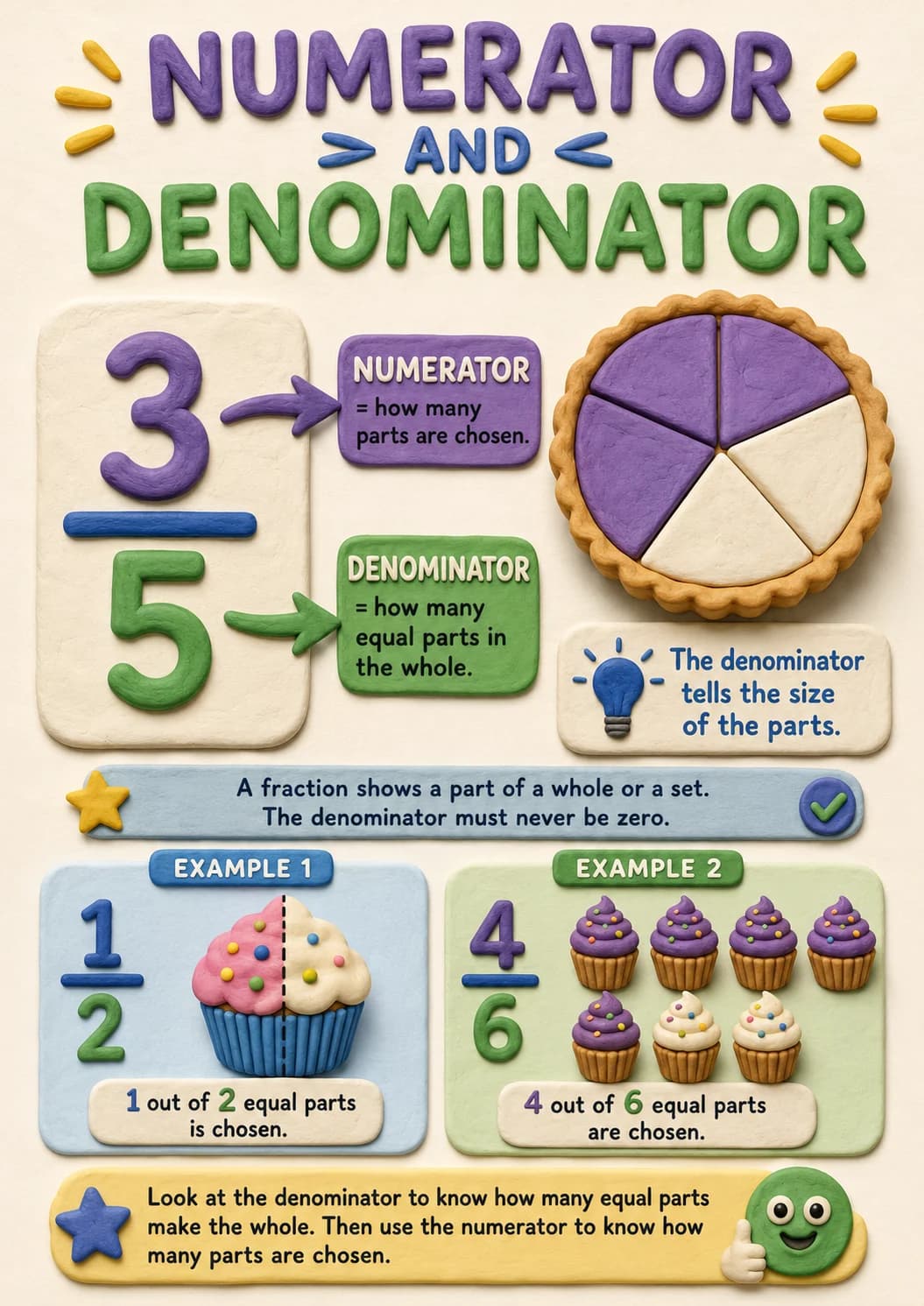 Numerator infographic poster with clear labels for Fractions.