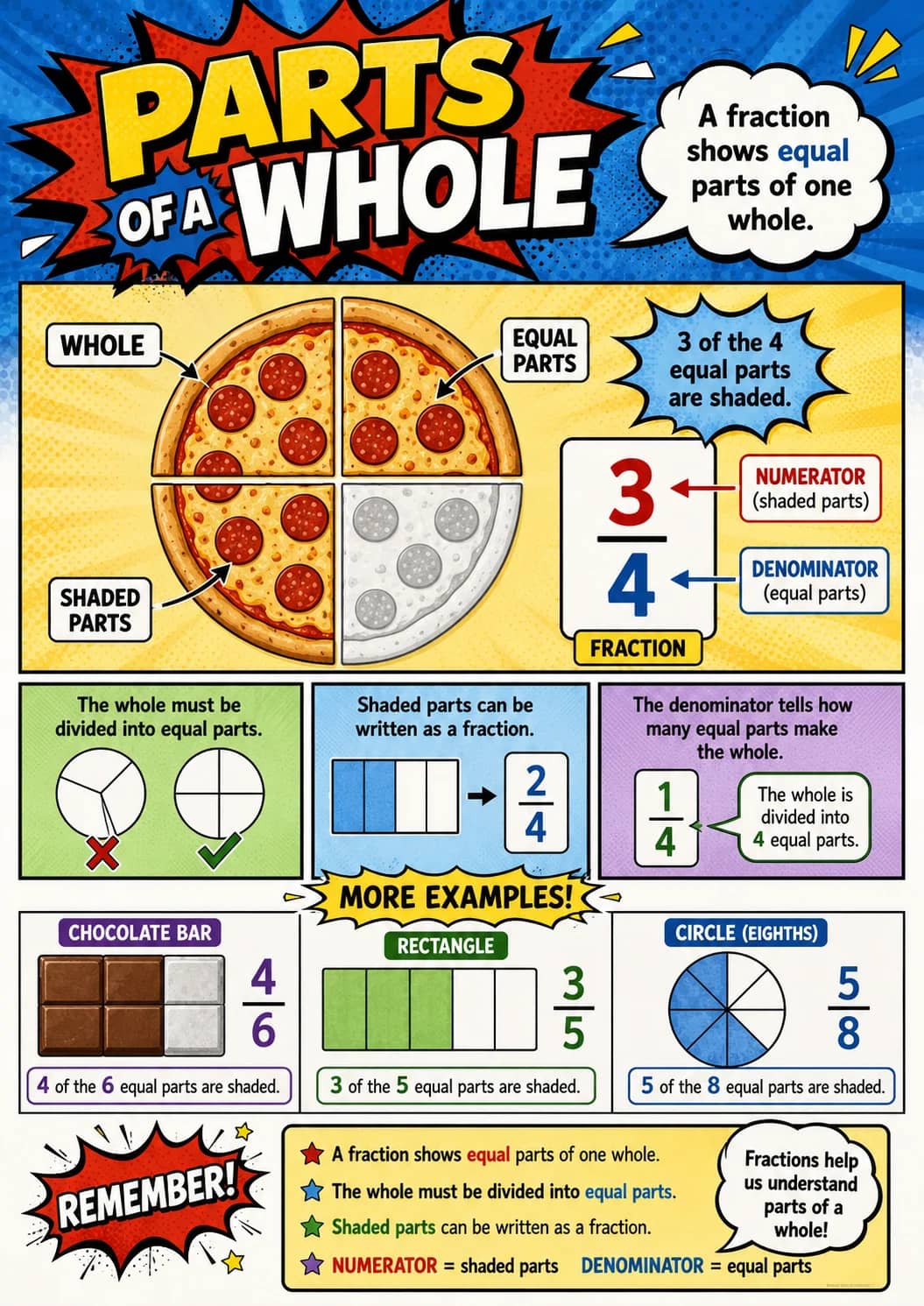 Parts of a Whole infographic poster showing A fraction shows equal parts of one whole., - ★ A fraction shows equal parts of one whole., -...