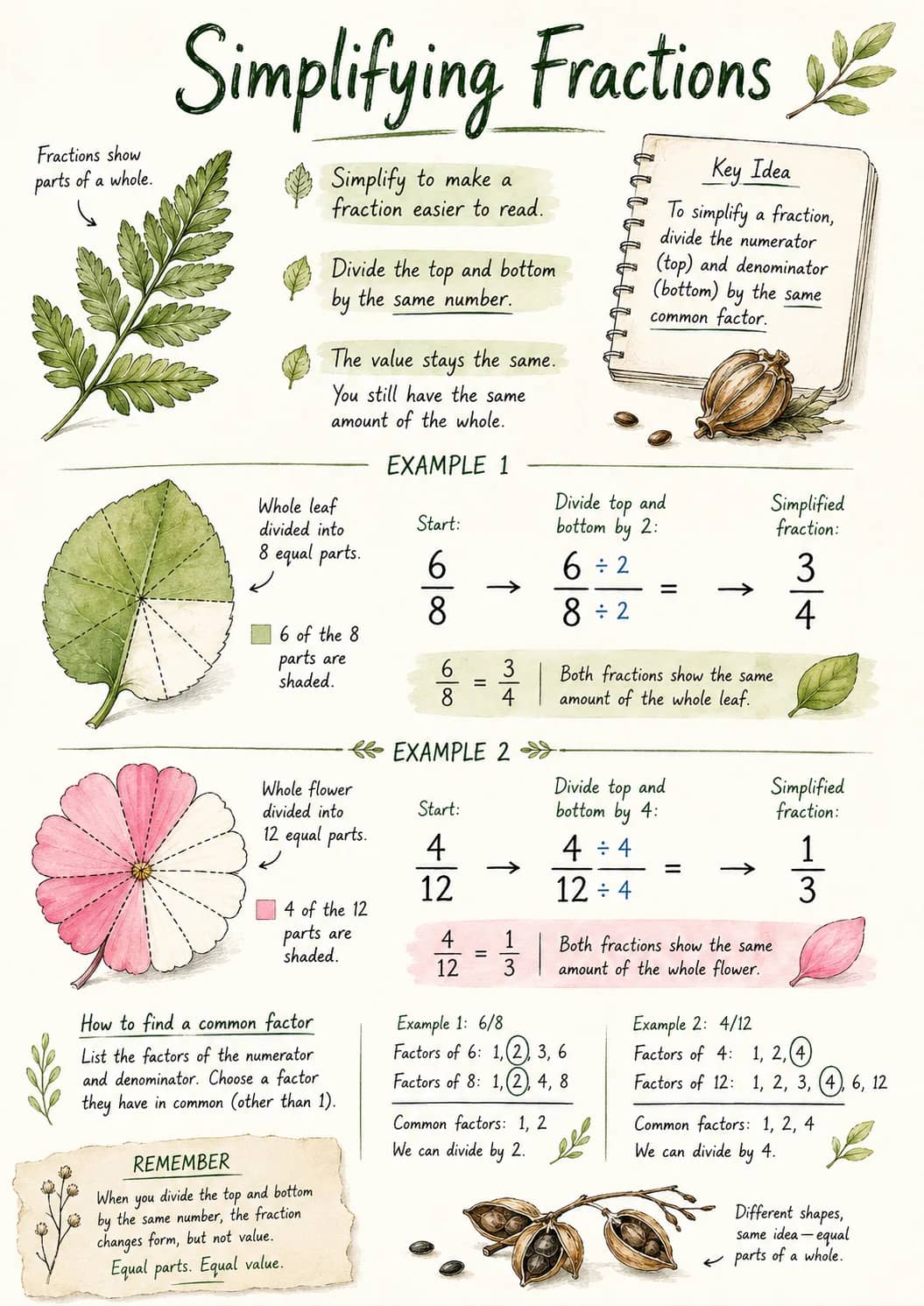 Simplifying Fractions infographic poster showing Fractions show parts of a whole., Simplify to make a fraction easier to read., Divide the...
