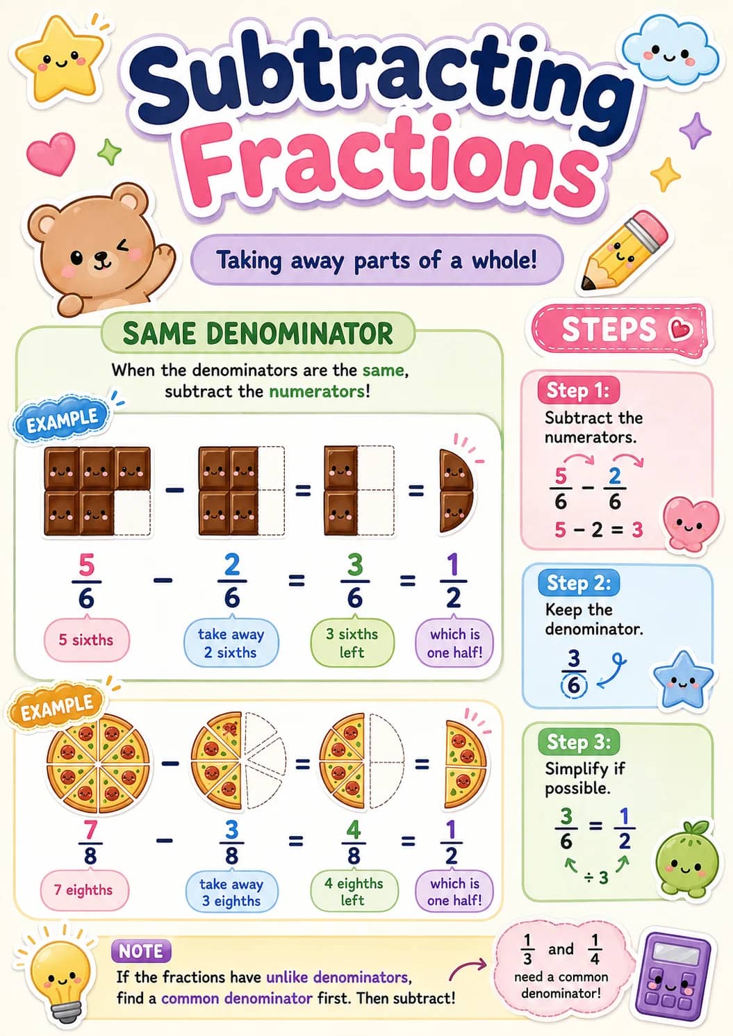 Subtracting Fractions infographic poster showing Taking away parts of a whole!, SAME DENOMINATOR, When the denominators are the same ,...