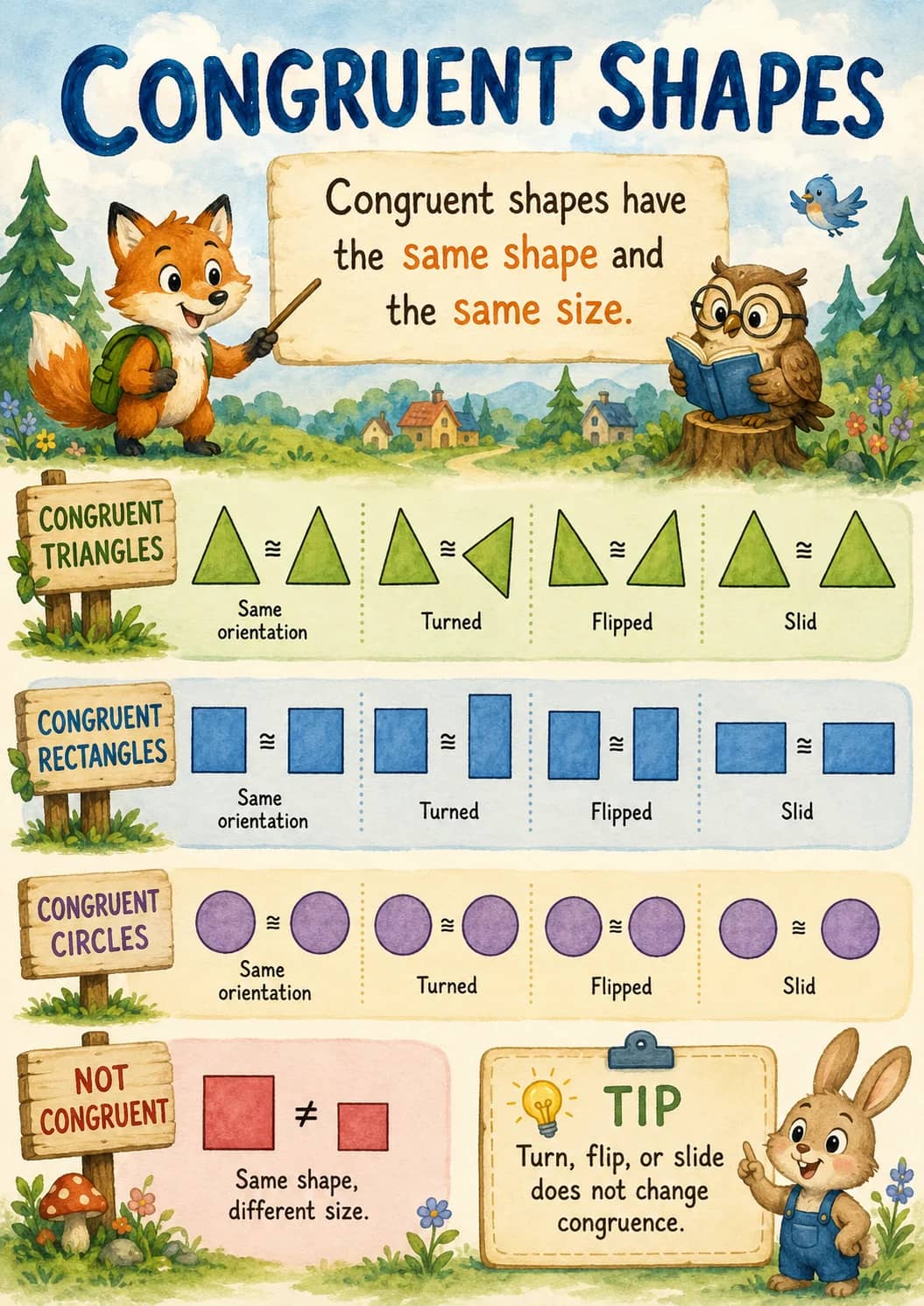 Congruent Shapes infographic poster showing Congruent shapes have the same shape and the same size., CONGRUENT TRIANGLES, Same...