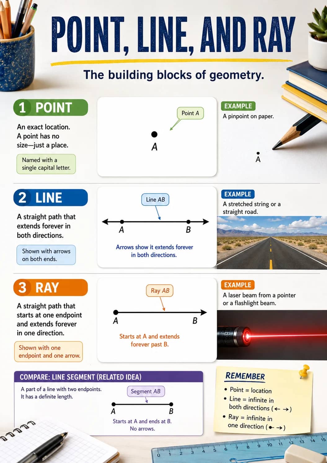 Point, Line, and Ray infographic poster showing The building blocks of geometry., 1 POINT, An exact location., A point has no and...