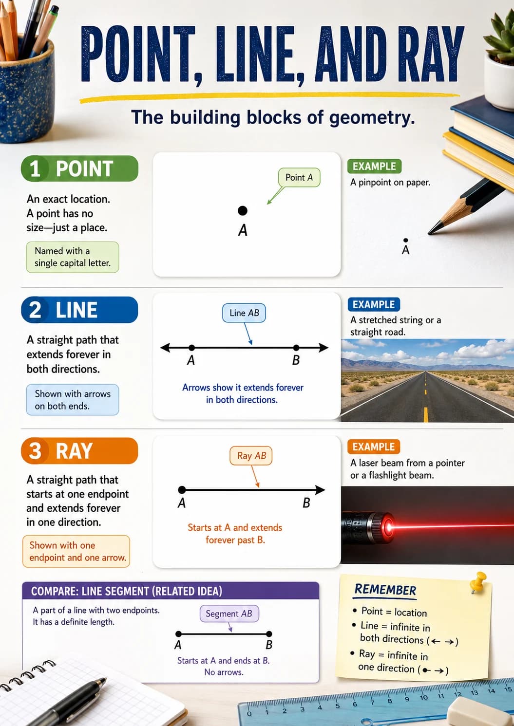Point, Line, and Ray infographic poster with clear labels for Geometry.