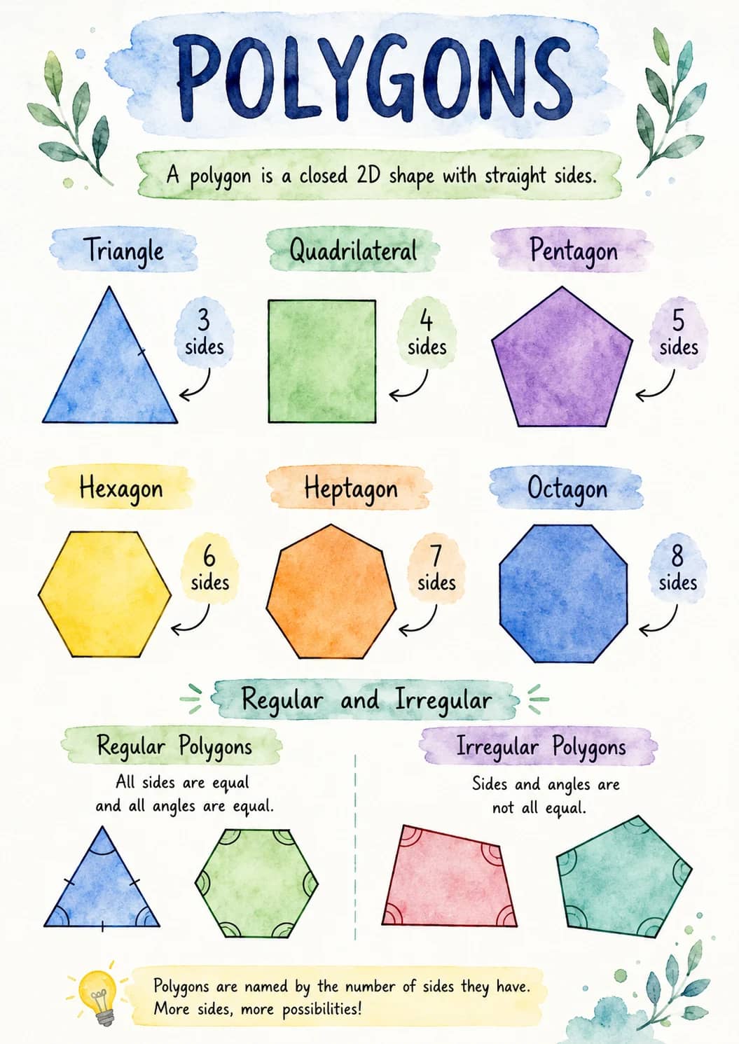 Polygons infographic poster showing A polygon is a closed 2D shape with straight sides., Triangle, sides, Quadrilateral and Pentagon for...
