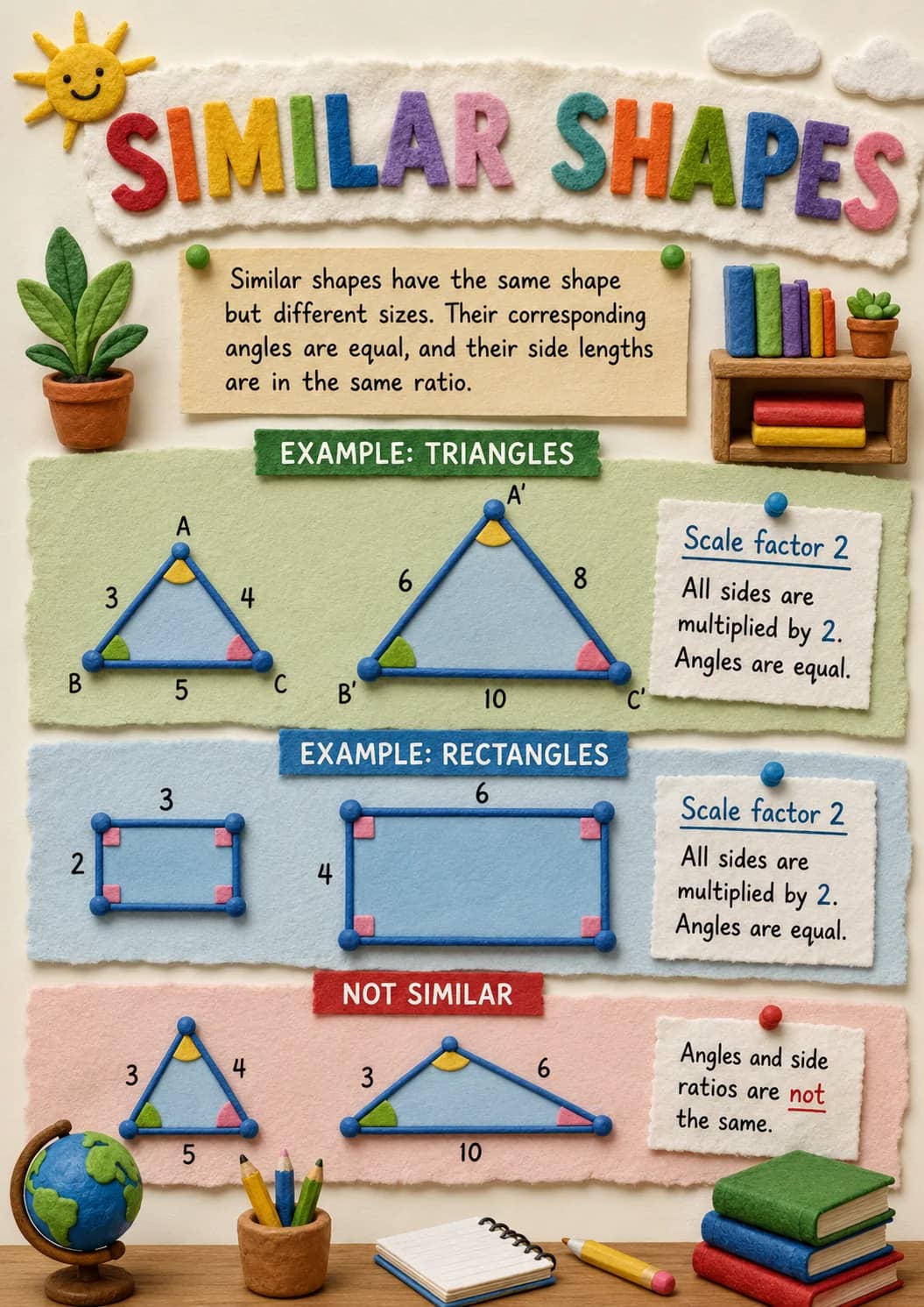 Similar Shapes infographic poster showing EXAMPLE: TRIANGLES, Scale factor 2, All sides are multiplied by 2. Angles are equal., EXAMPLE:...