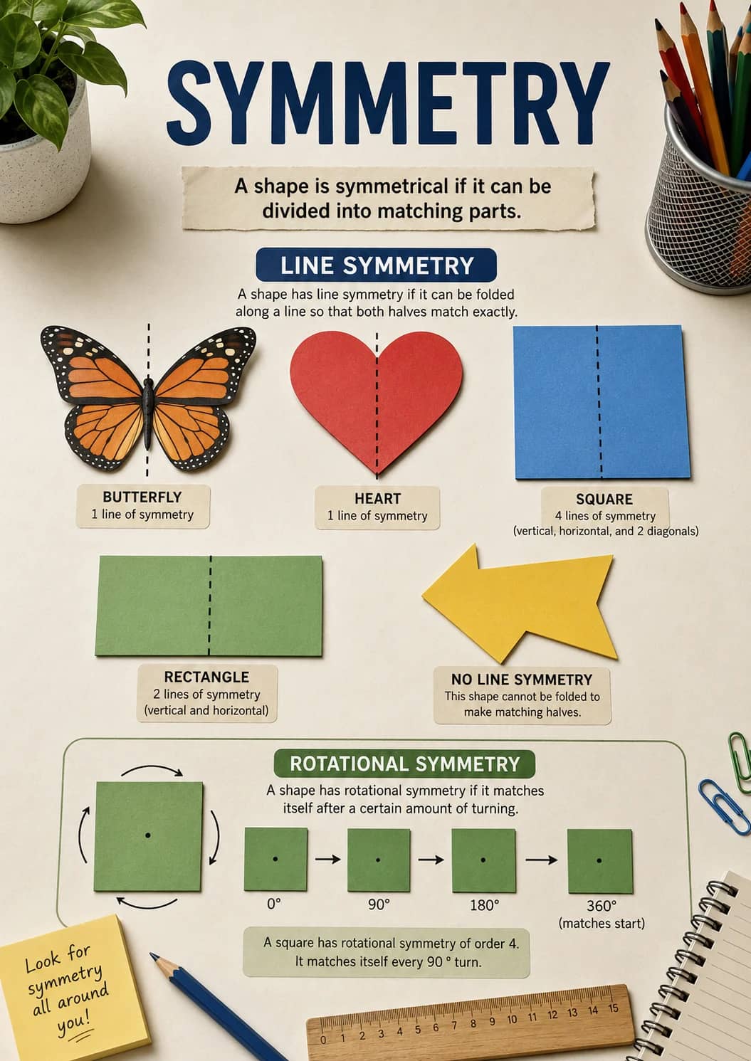 Symmetry infographic poster showing A shape is symmetrical if it can be divided into matching parts., LINE SYMMETRY, BUTTERFLY, 1 line of...