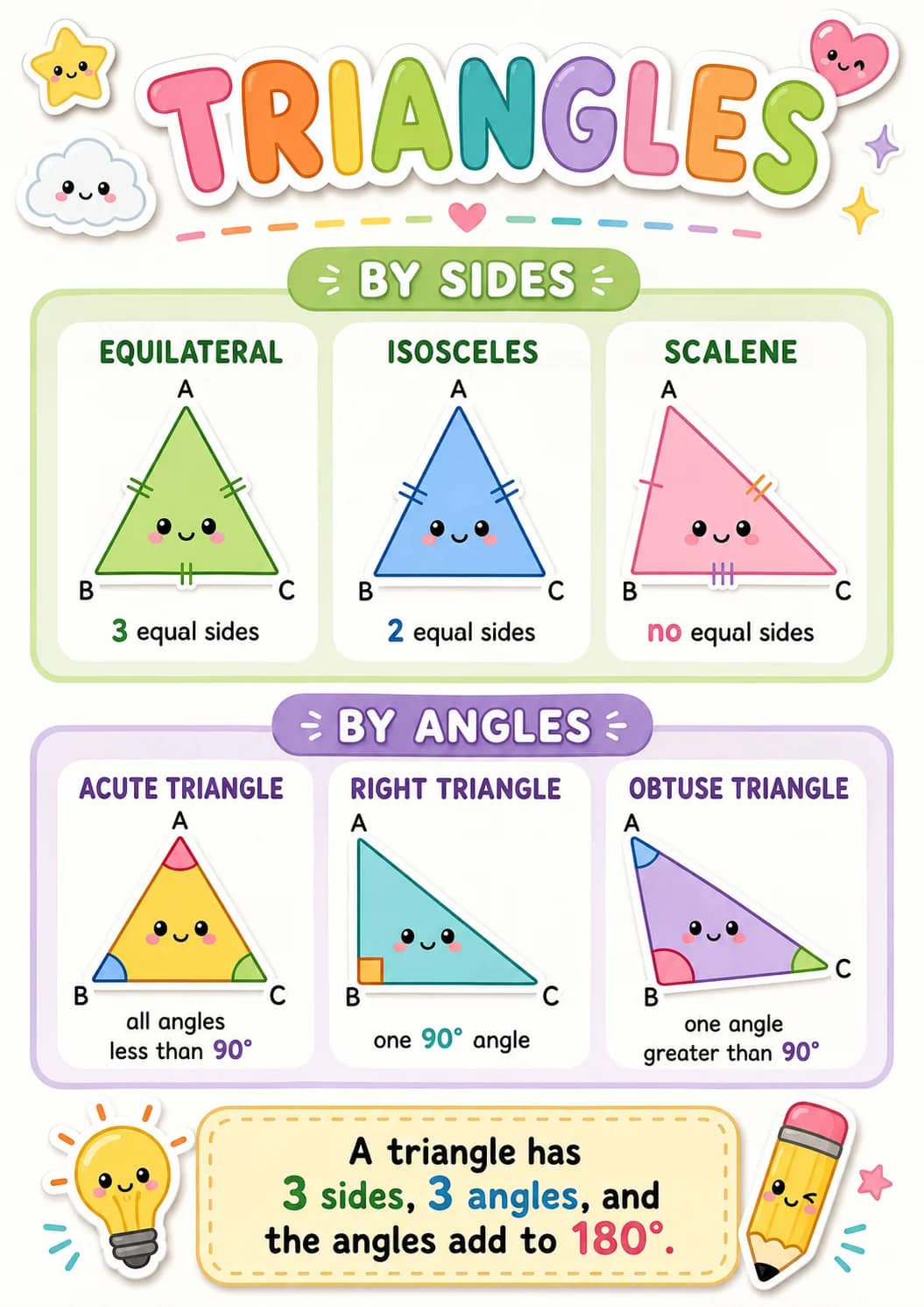 Triangles infographic poster showing ➔ BY SIDES ➔, EQUILATERAL, 3 equal sides, ISOSCELES and 2 equal sides for Geometry.