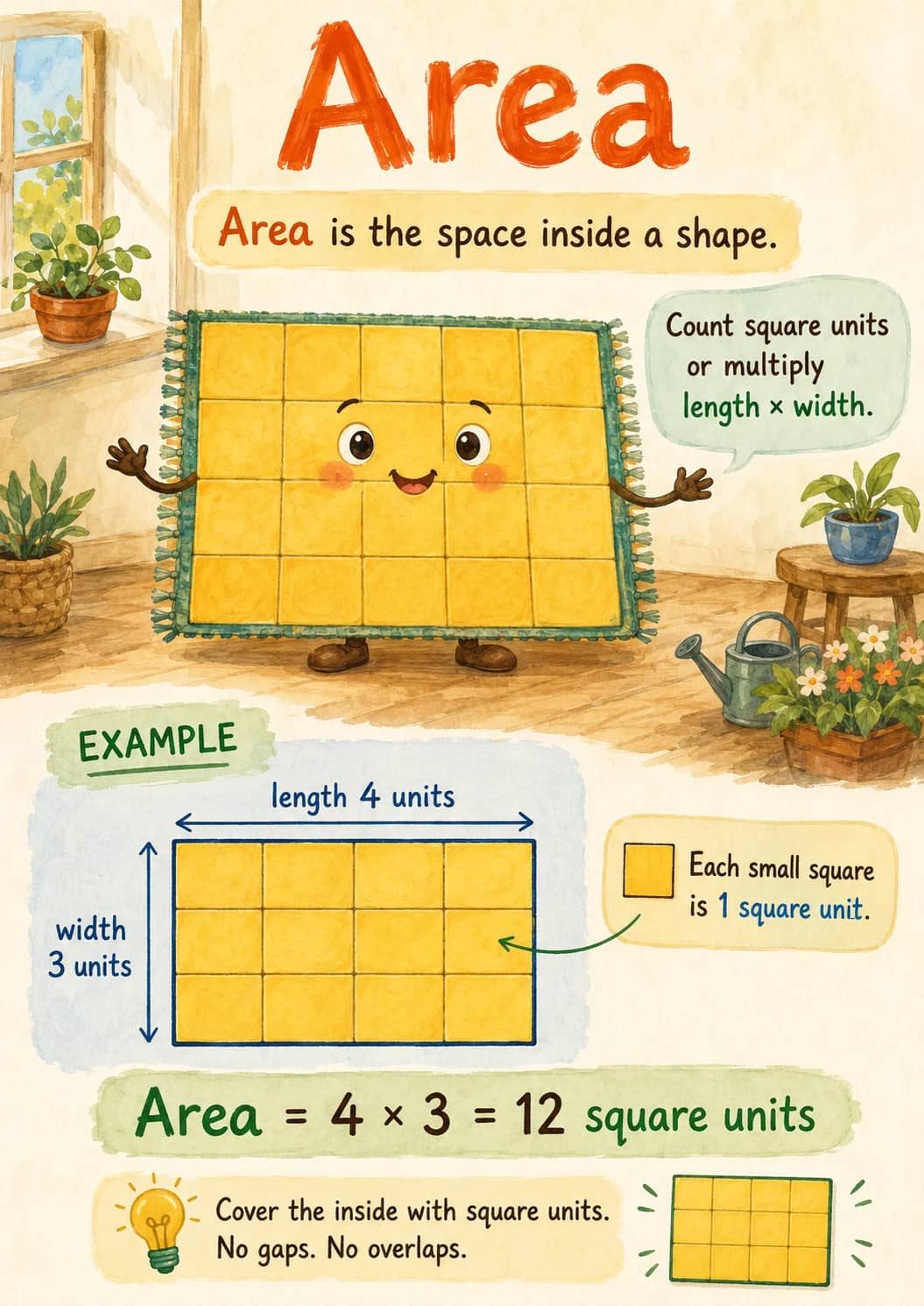 Area infographic poster showing Area is the space inside a shape., Count square units, or multiply, length × width. and Area = 4 × 3 = 12...