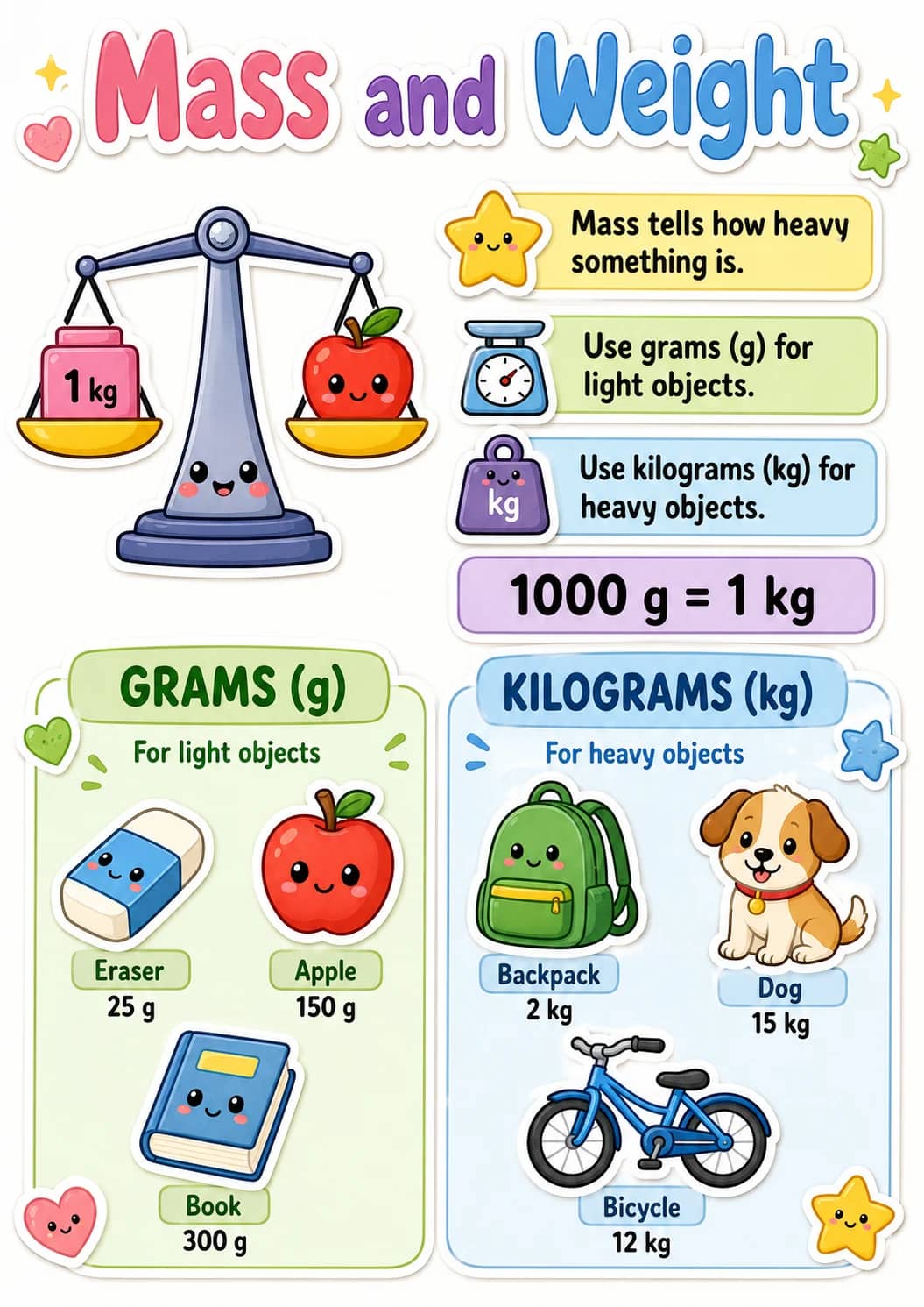 Mass and Weight infographic poster showing Mass tells how heavy something is., Use grams for light objects., Use kilograms for heavy...