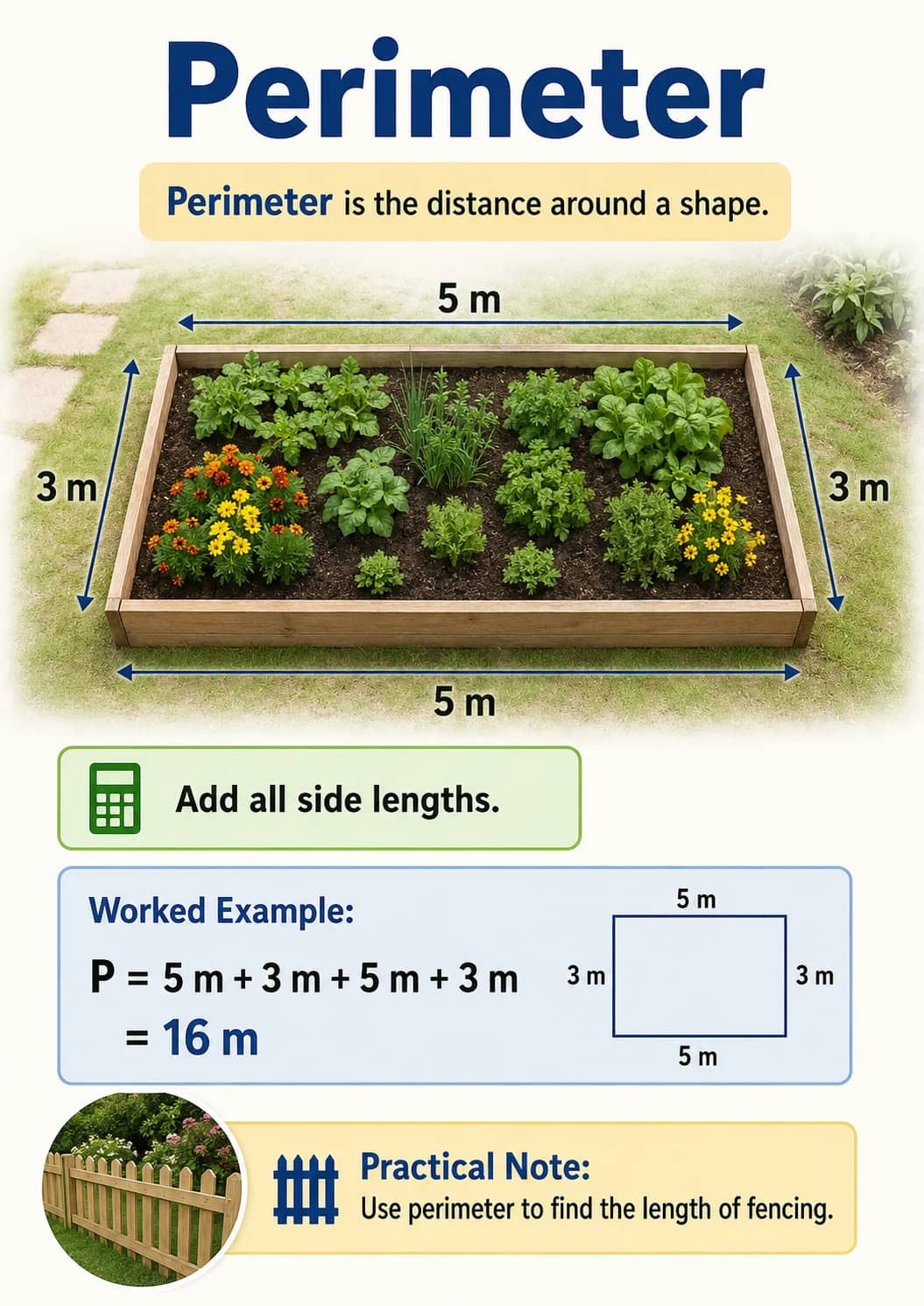 Perimeter infographic poster showing Perimeter is the distance around a shape., Add all side lengths., Worked Example:, $$P = 5\text{ m} +...