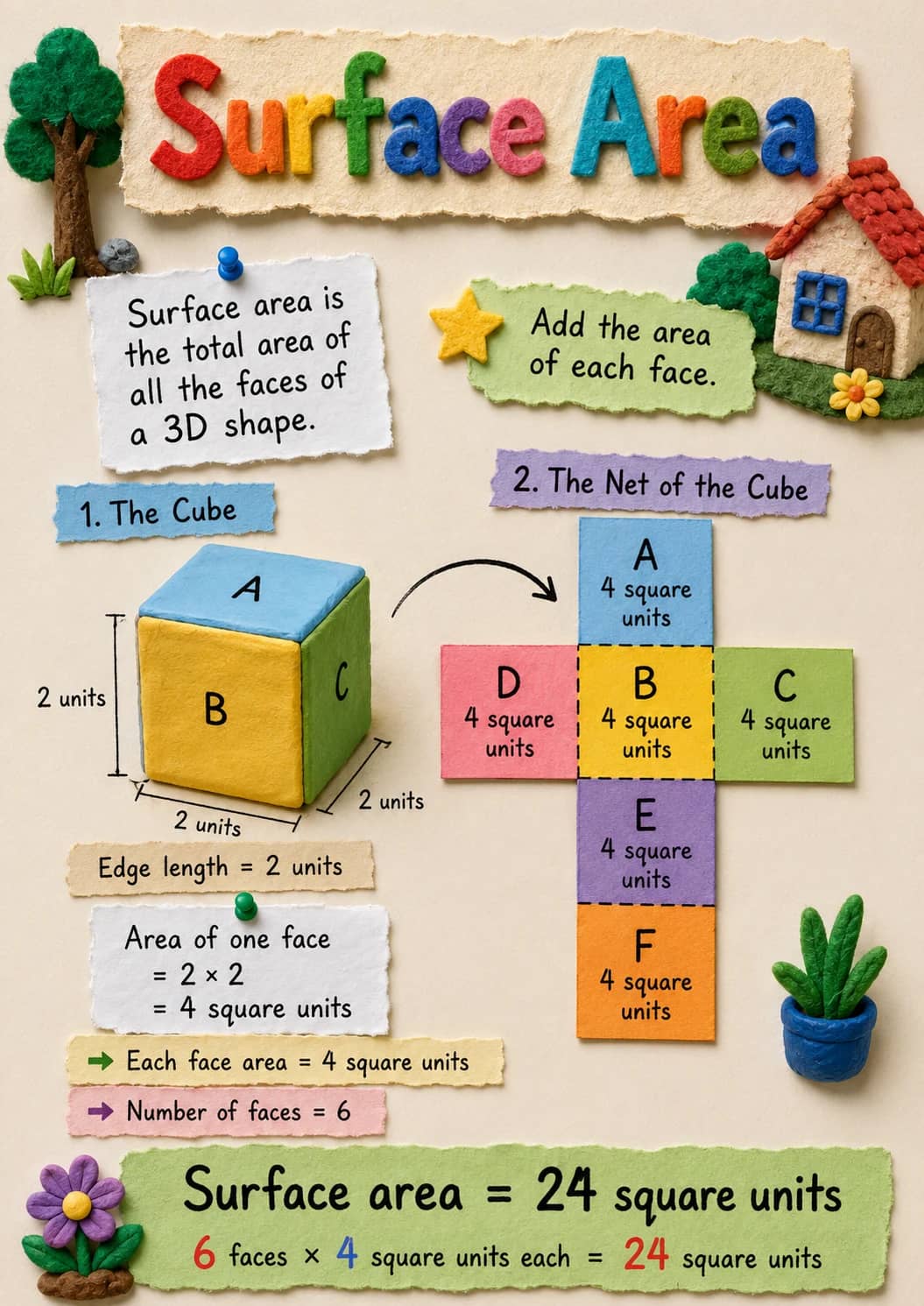 Surface Area infographic poster showing Surface area is the total area of all the faces of a 3D shape., Add the area of each face., 1. The...