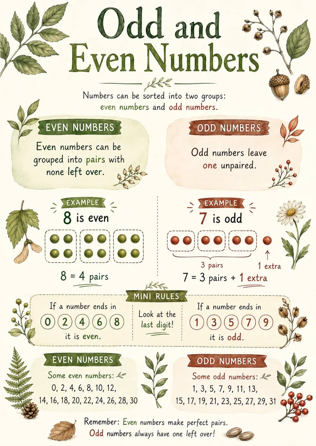 Odd and Even Numbers infographic poster showing Numbers can be sorted into two groups:, even numbers and odd numbers., EVEN NUMBERS, Even...