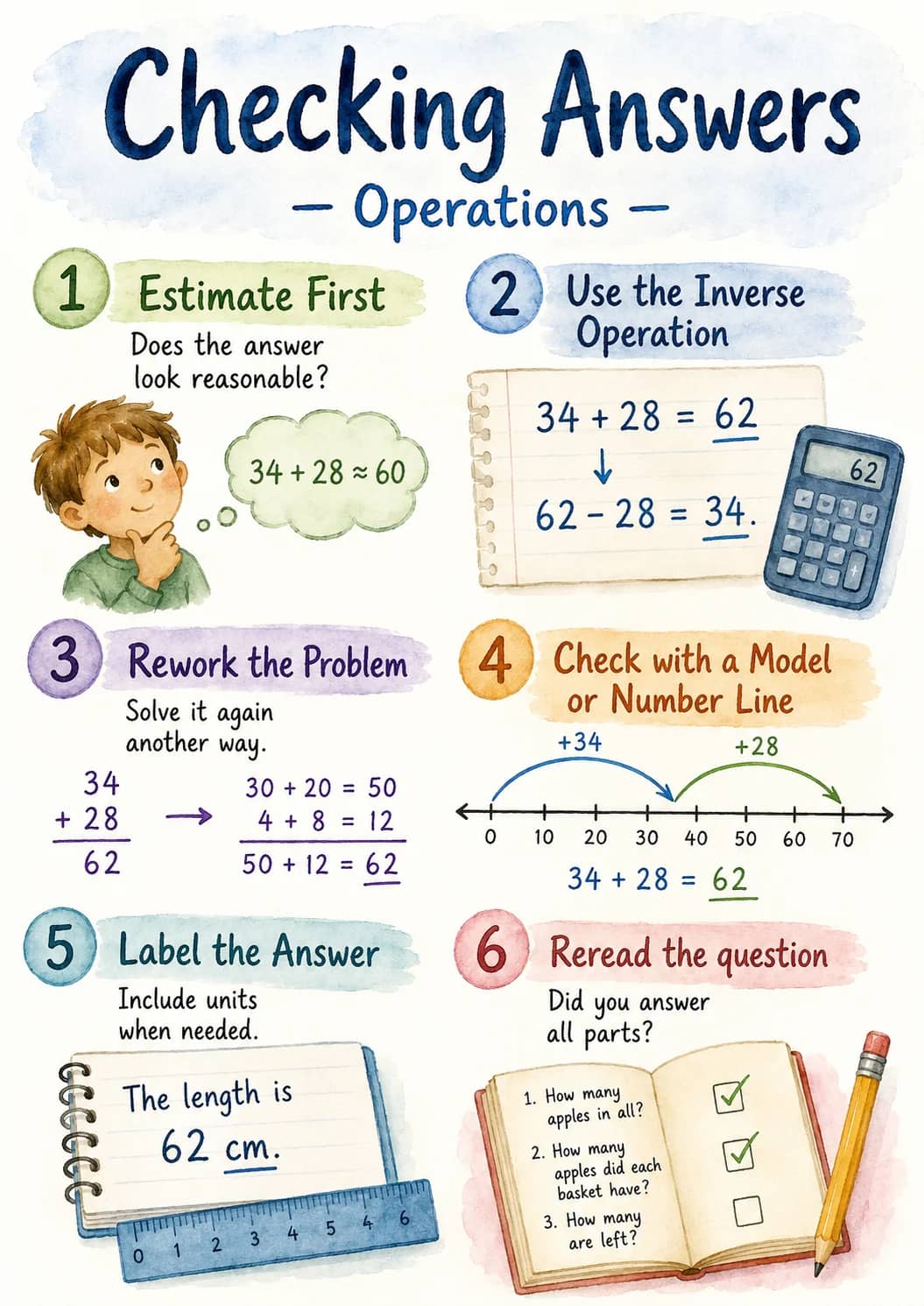 Checking Answers infographic poster showing - Operations -, 1 Estimate First, Does the answer look reasonable?, $$34 + 28 \approx 60$$ and...