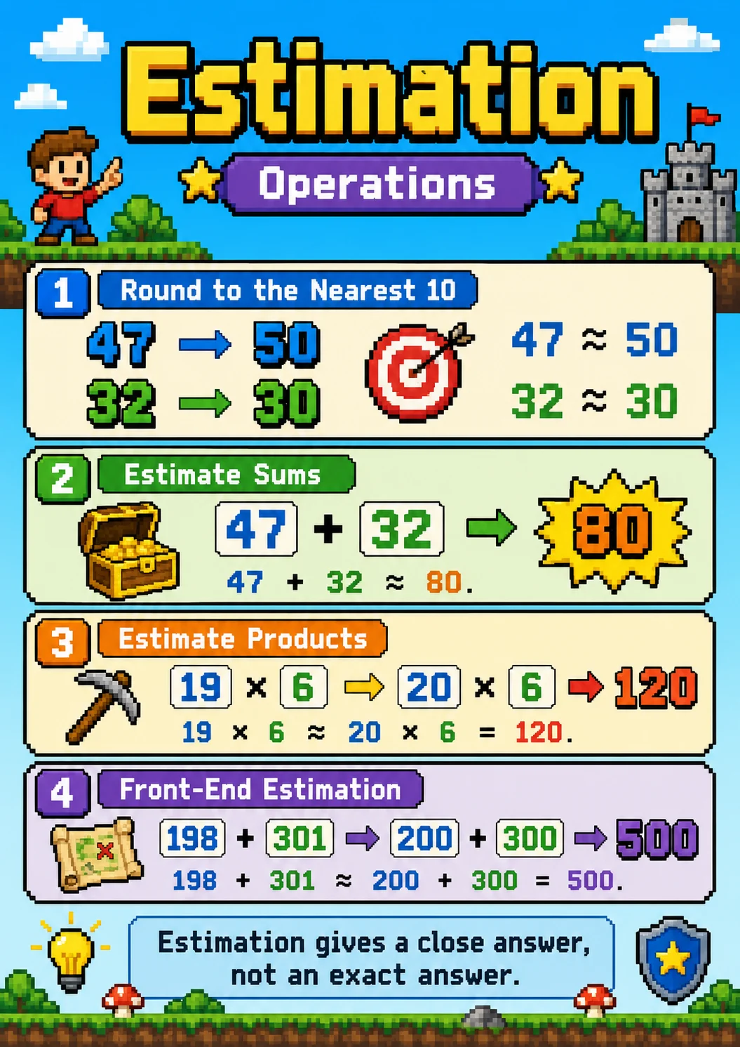 Estimation infographic poster showing 1 Round to the Nearest 10, $$47 \rightarrow 50$$, $$32 \rightarrow 30$$, $$47 \approx 50$$ and $$32...