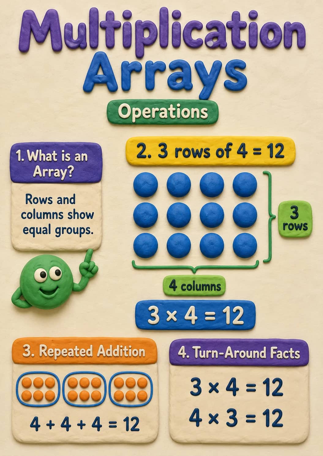 Multiplication Arrays infographic poster showing 1. What is an Array?, Rows and columns show equal groups., 2. 3 rows of 4 = 12, 4 columns...