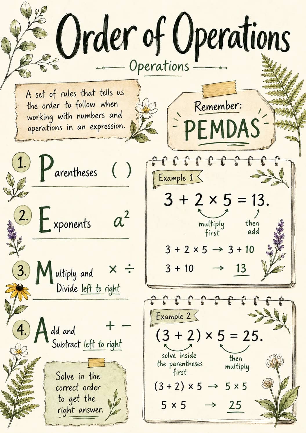 Order of Operations infographic poster showing Remember:, PEMDAS, 1. Parentheses, 2. Exponents $a^2$ and 3. Multiply and Divide left to...