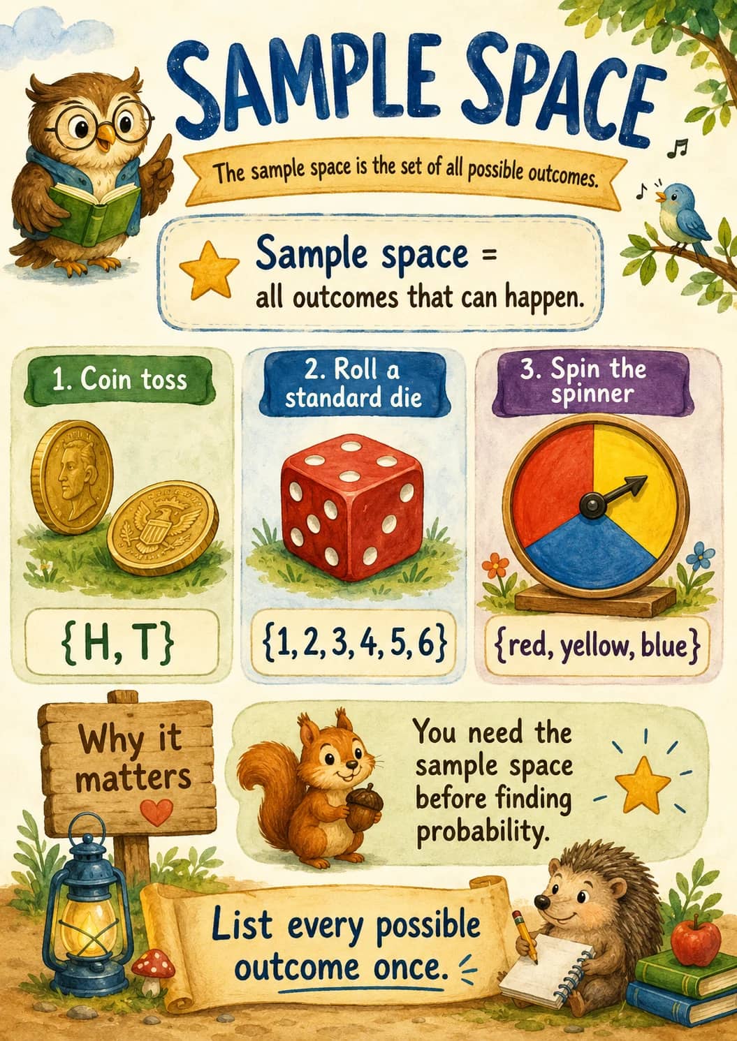 Sample Space infographic poster showing The sample space is the set of all possible outcomes., Sample space =, all outcomes that can...