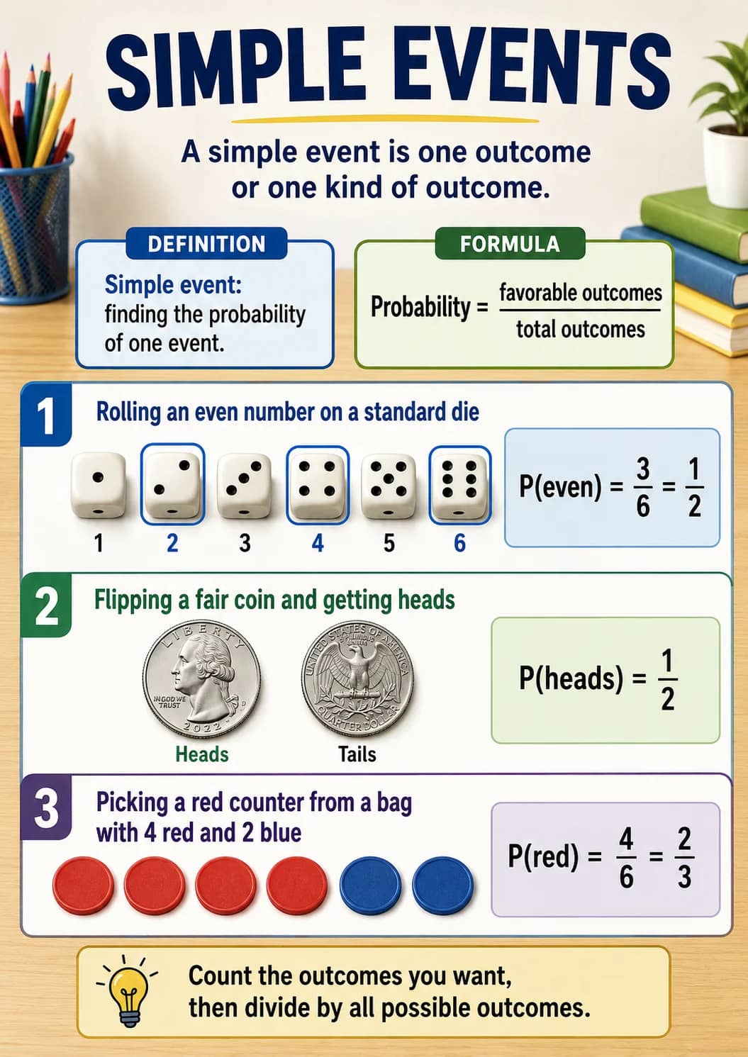 Simple Events infographic poster showing A simple event is one outcome or one kind of outcome., Simple event:, finding the probability, of...