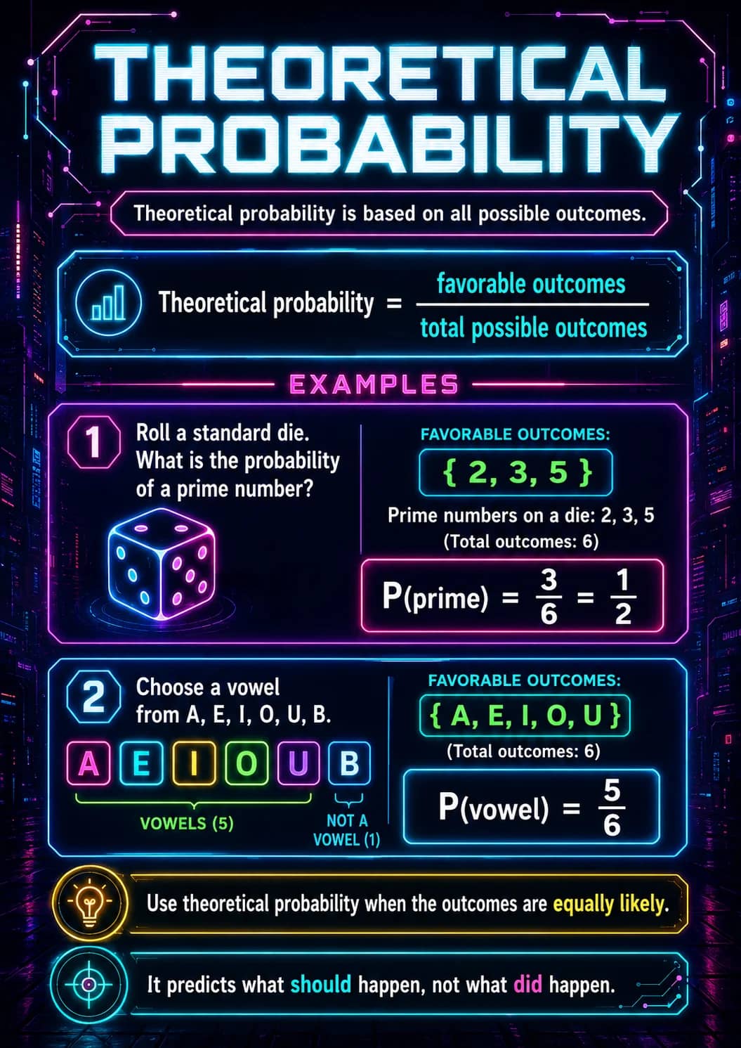 Theoretical Probability infographic poster showing Theoretical probability is based on all possible outcomes., EXAMPLES, 1 Roll a standard...