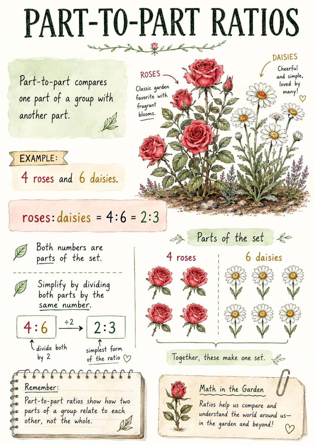 Part-to-part Ratios infographic poster showing Part-to-part compares, one part of a group with, another part., EXAMPLE: and 4 roses and 6...