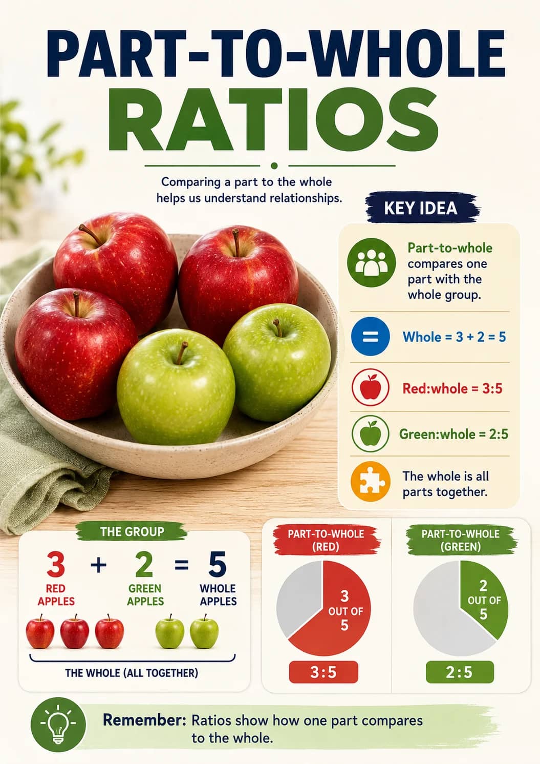 Part-to-whole infographic poster showing Comparing a part to the whole helps us understand relationships., Part-to-whole compares one part...