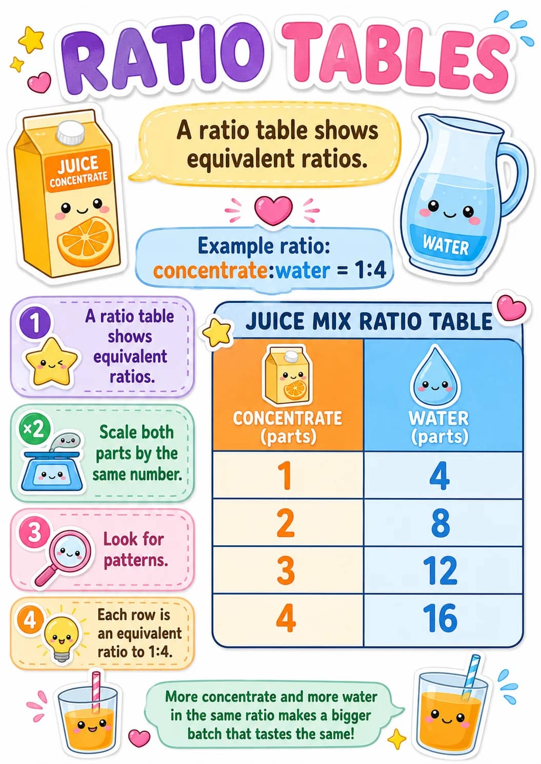 Ratio Tables infographic poster showing A ratio table shows equivalent ratios., Example ratio:, concentrate:water = 1:4, 1 A ratio table...