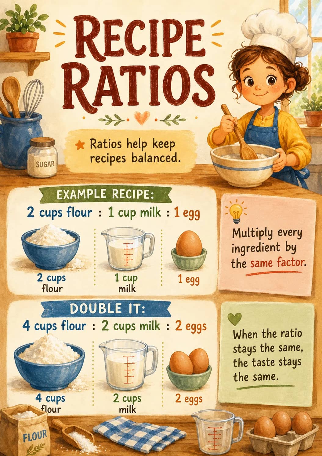 Recipe Ratios infographic poster showing ★ Ratios help keep recipes balanced., EXAMPLE RECIPE:, 2 cups flour : 1 cup milk : 1 egg, 2 cups...